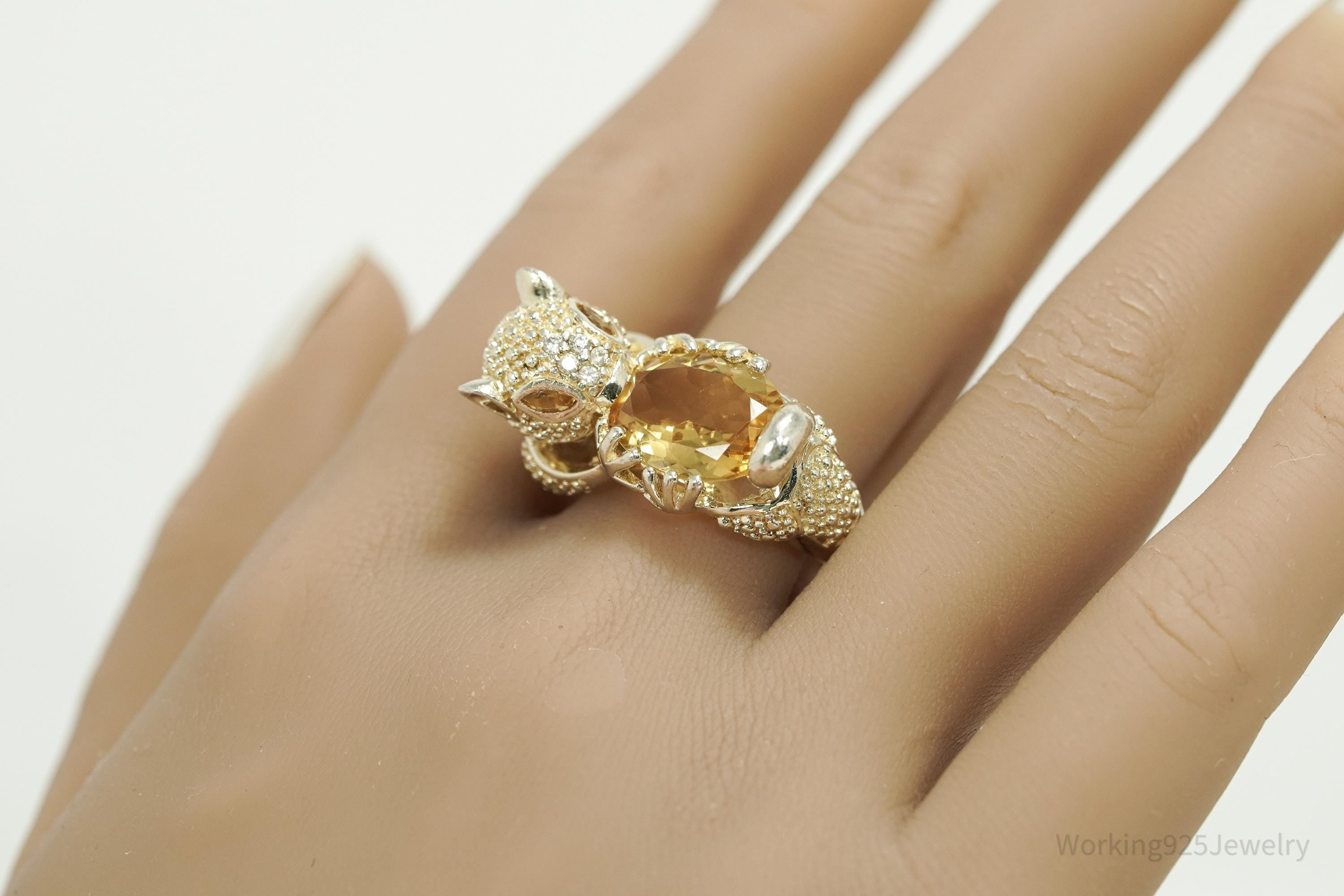 Vintage Citrine & Cubic Zirconia Gold Vermeil Sterling Silver Animal Ring - Size 10