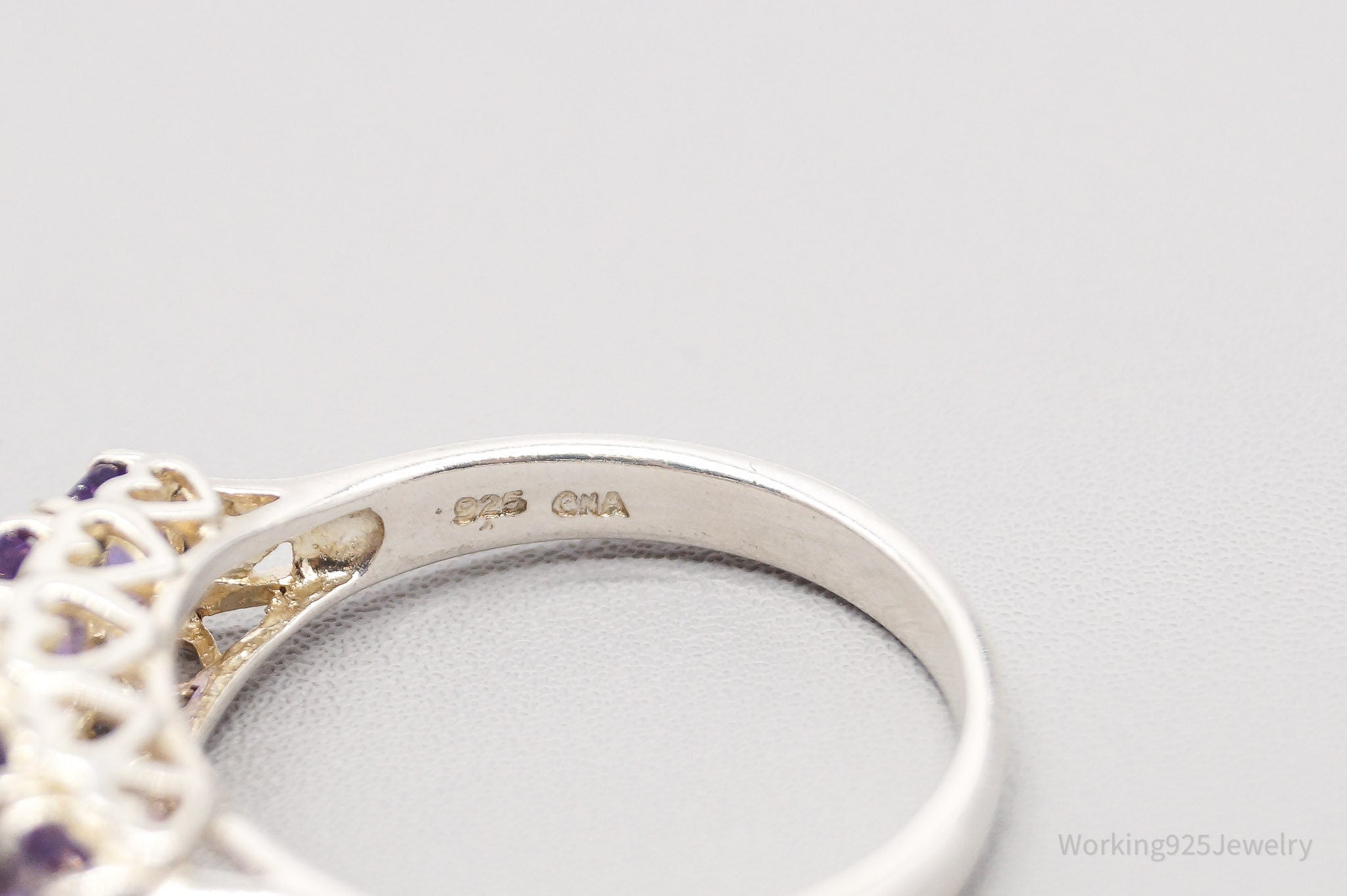 Vintage CNA Amethyst Hearts Designs Sterling Silver Ring - Size 10