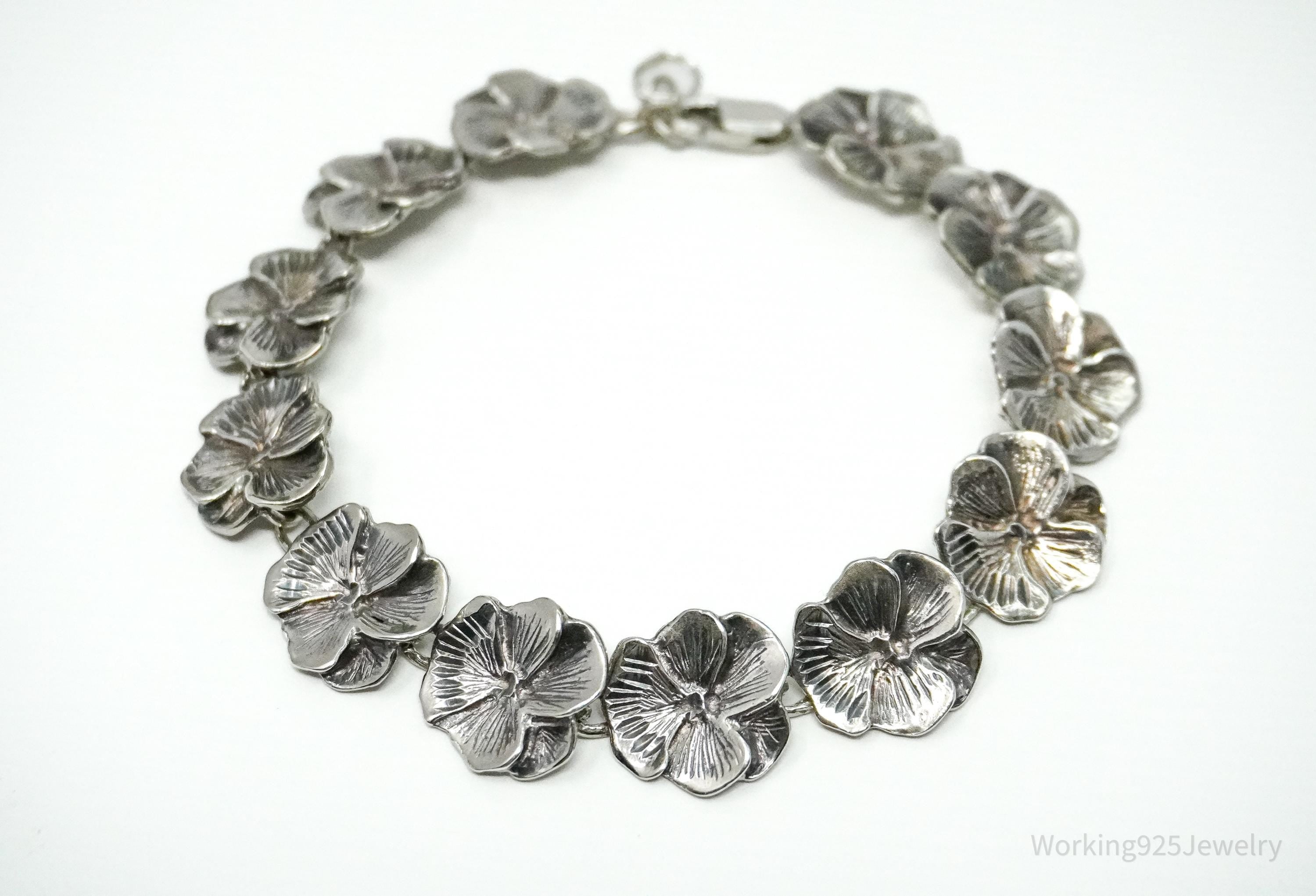 Vintage Flowers Sterling Silver Bracelet 8 1/8"