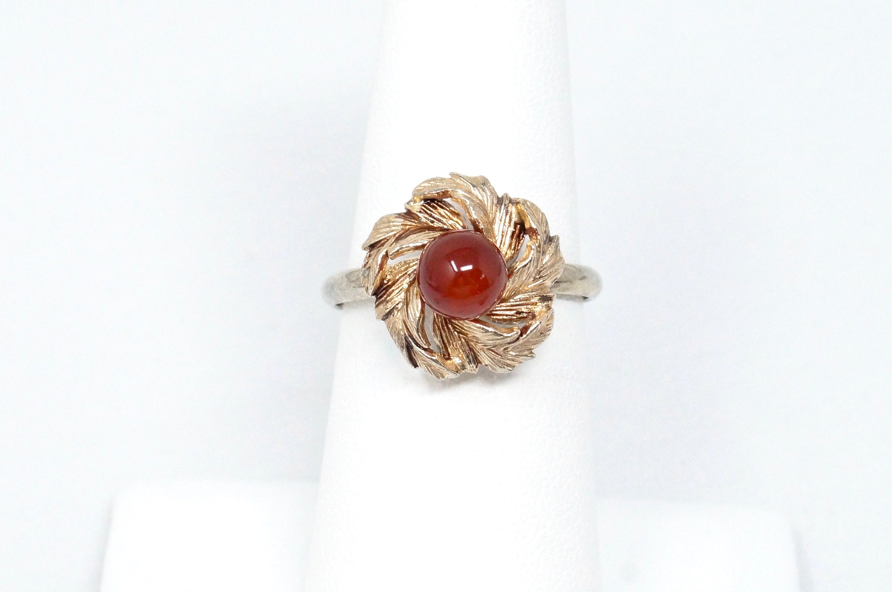 Vtg Early 1900s Style Carnelian Gold Flower Sterling Silver Adjustable Ring Sz 7