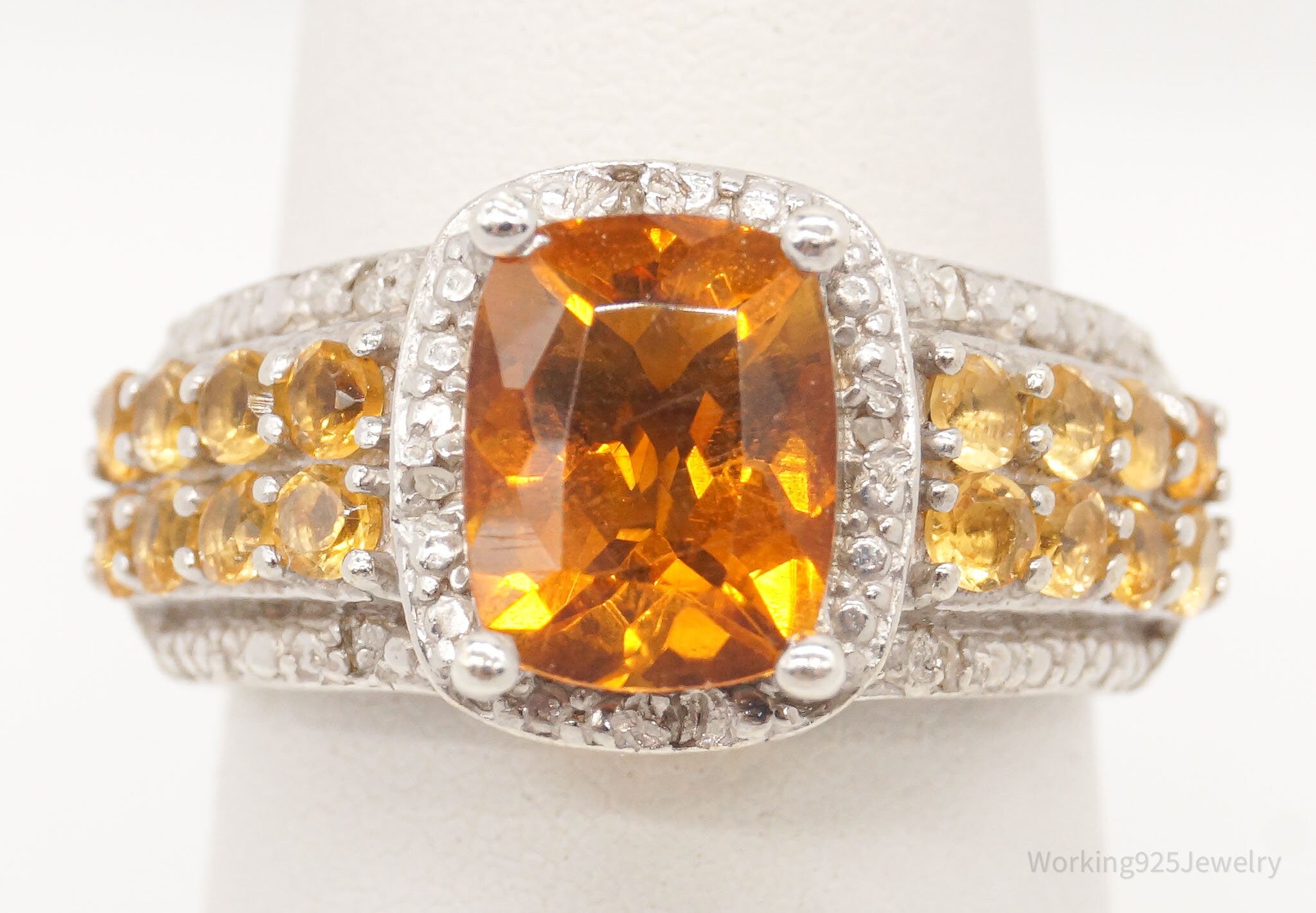 Vintage Citrine Five Diamonds Sterling Silver Ring - Size 6.75