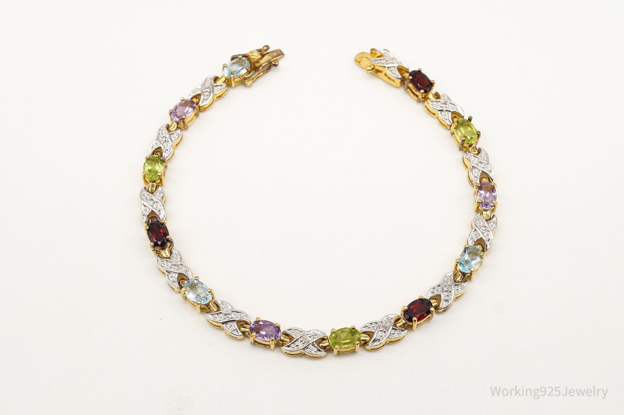 Vintage Multiple Gemstone Three Diamond Gold Over Sterling Silver Bracelet