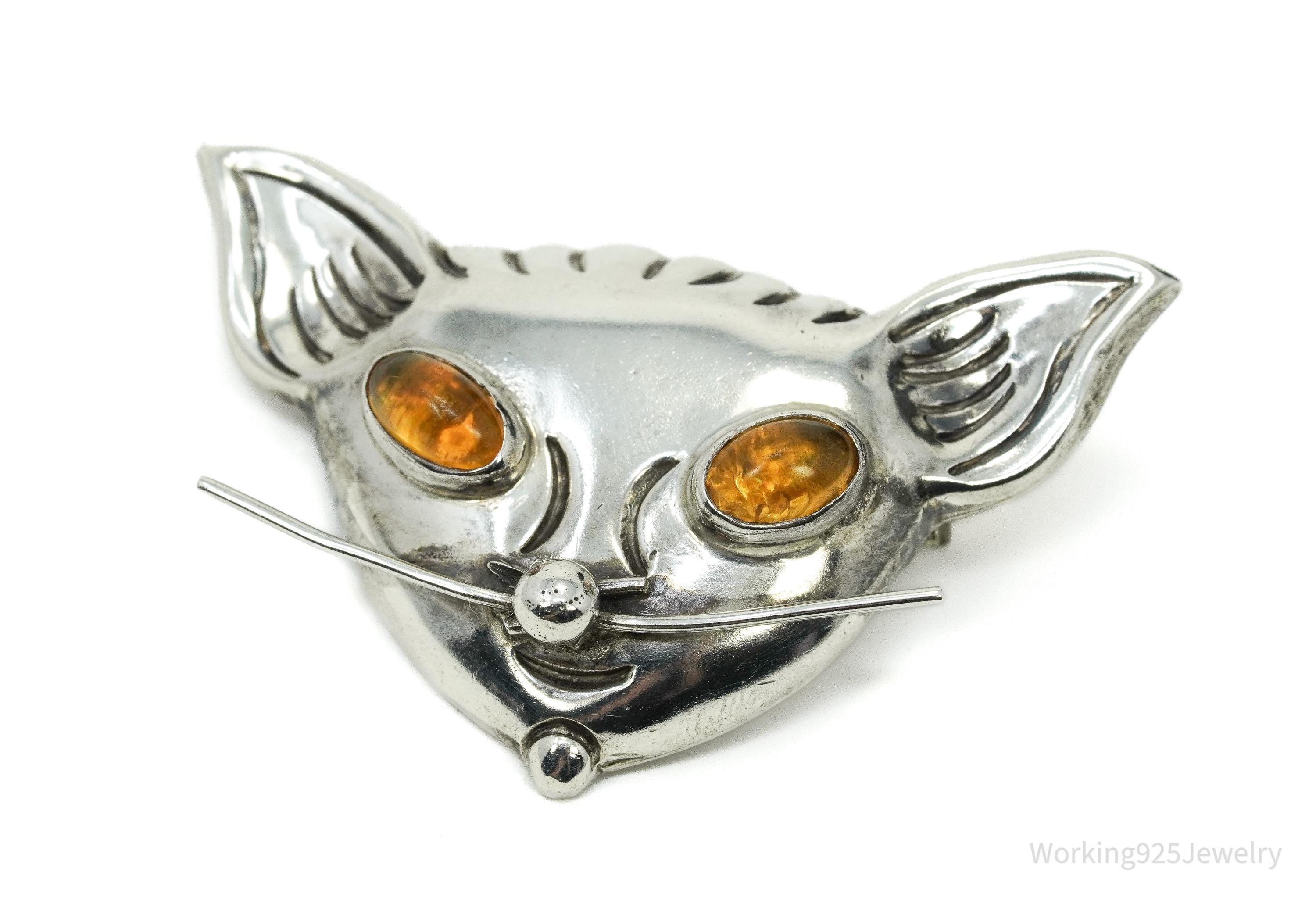 Large Vintage Mexico Amber Eyes Cat Head Sterling Silver Brooch Pin