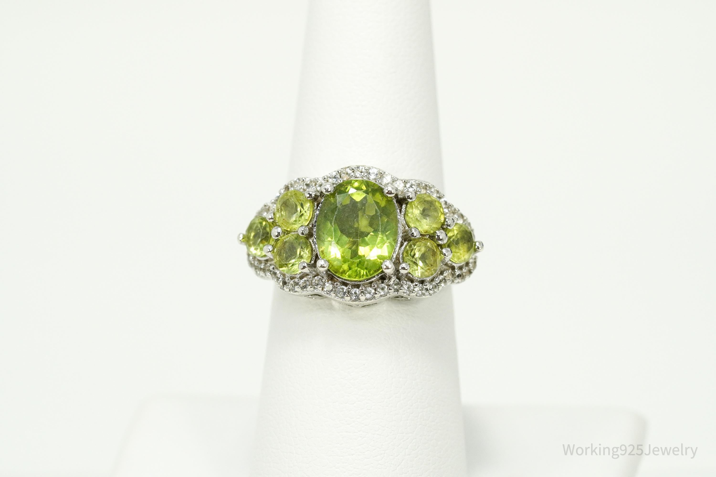 Green Peridot & White Zircon Rhodium Over Sterling Silver Ring - Size 7