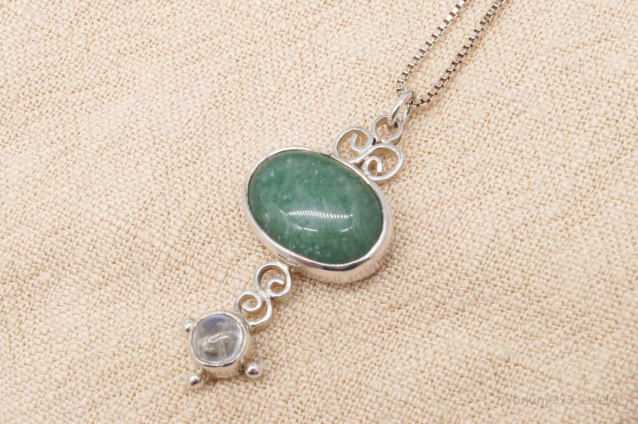 Vintage SAJEN Aventurine & Moonstone Sterling Silver Necklace 20"