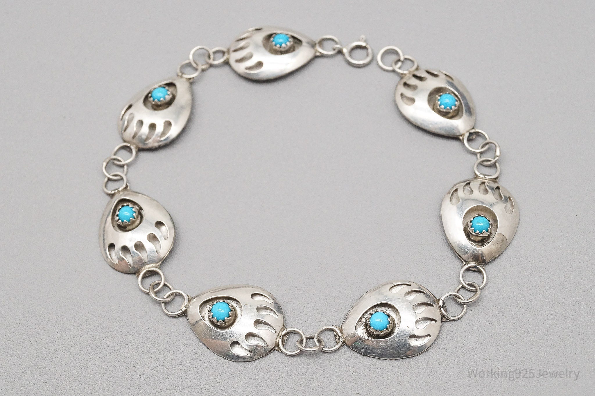 Vintage Native American Blue Turquoise Bear Paw Sterling Silver Bracelet