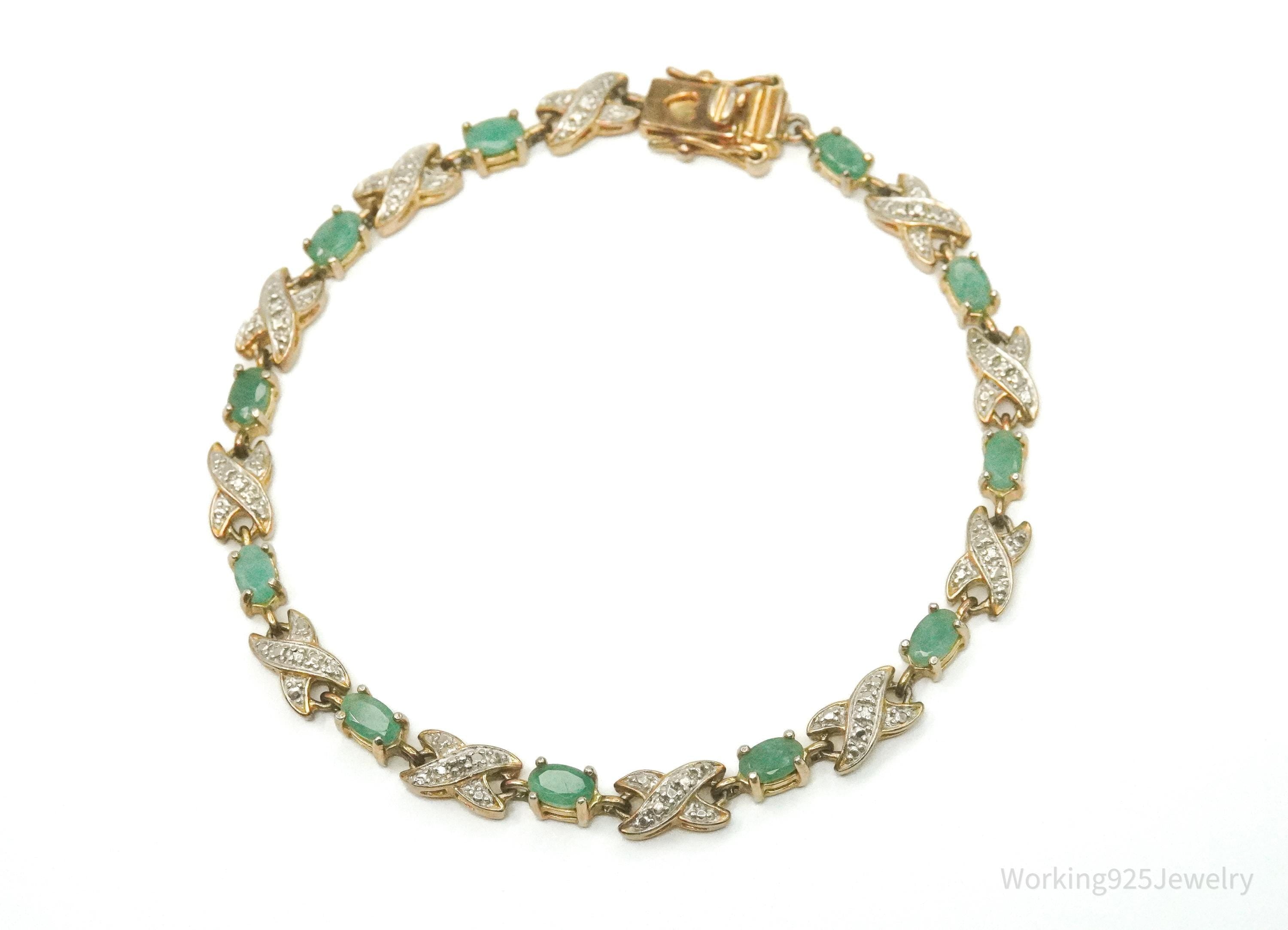 VTG Ross Simons Emerald & One Diamond 18K Gold Vermeil Sterling Silver Bracelet 7.75"