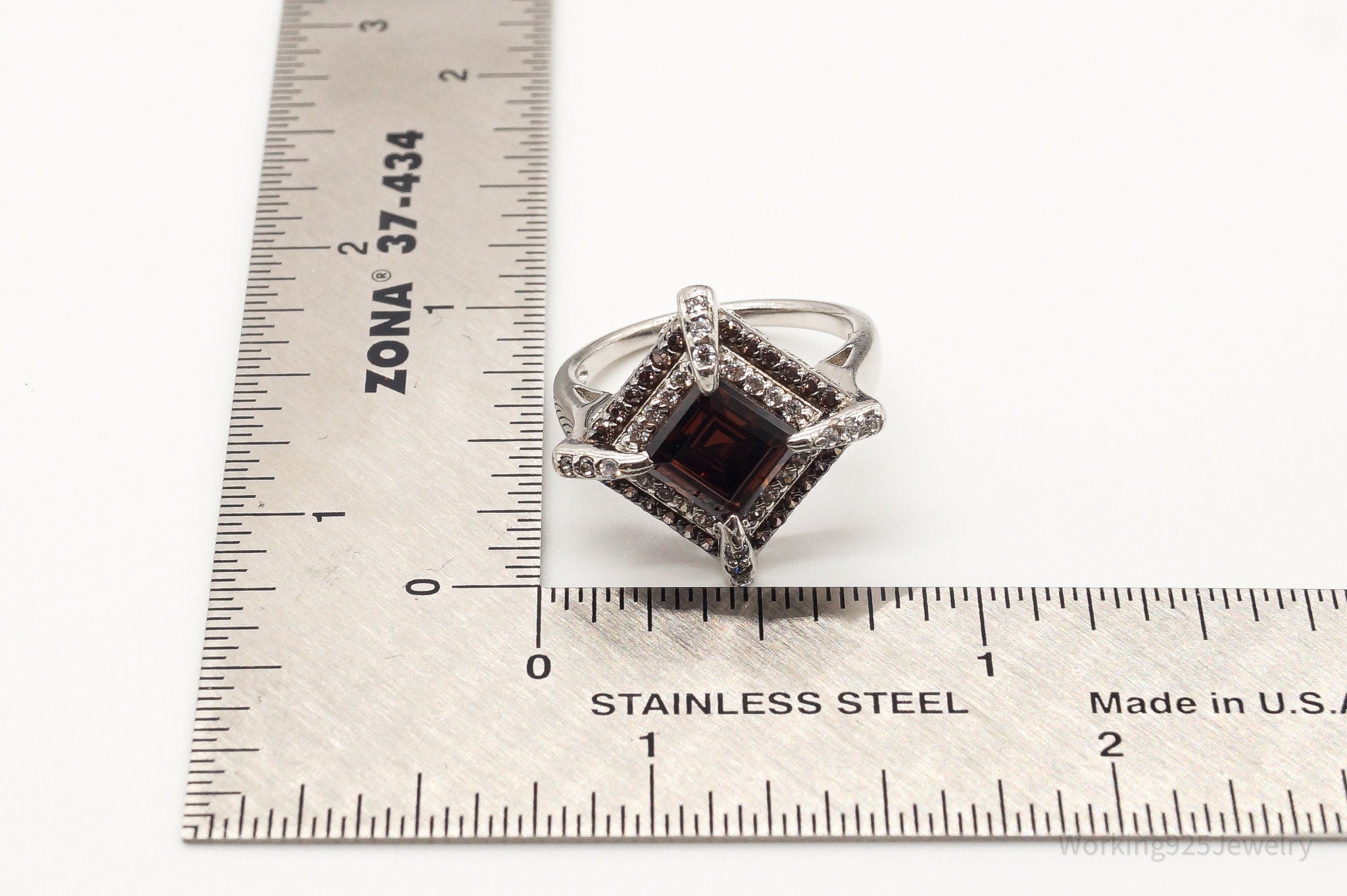 Vintage Smoky Topaz Cubic Zirconia Platinum Clad Sterling Silver Ring - Size 6