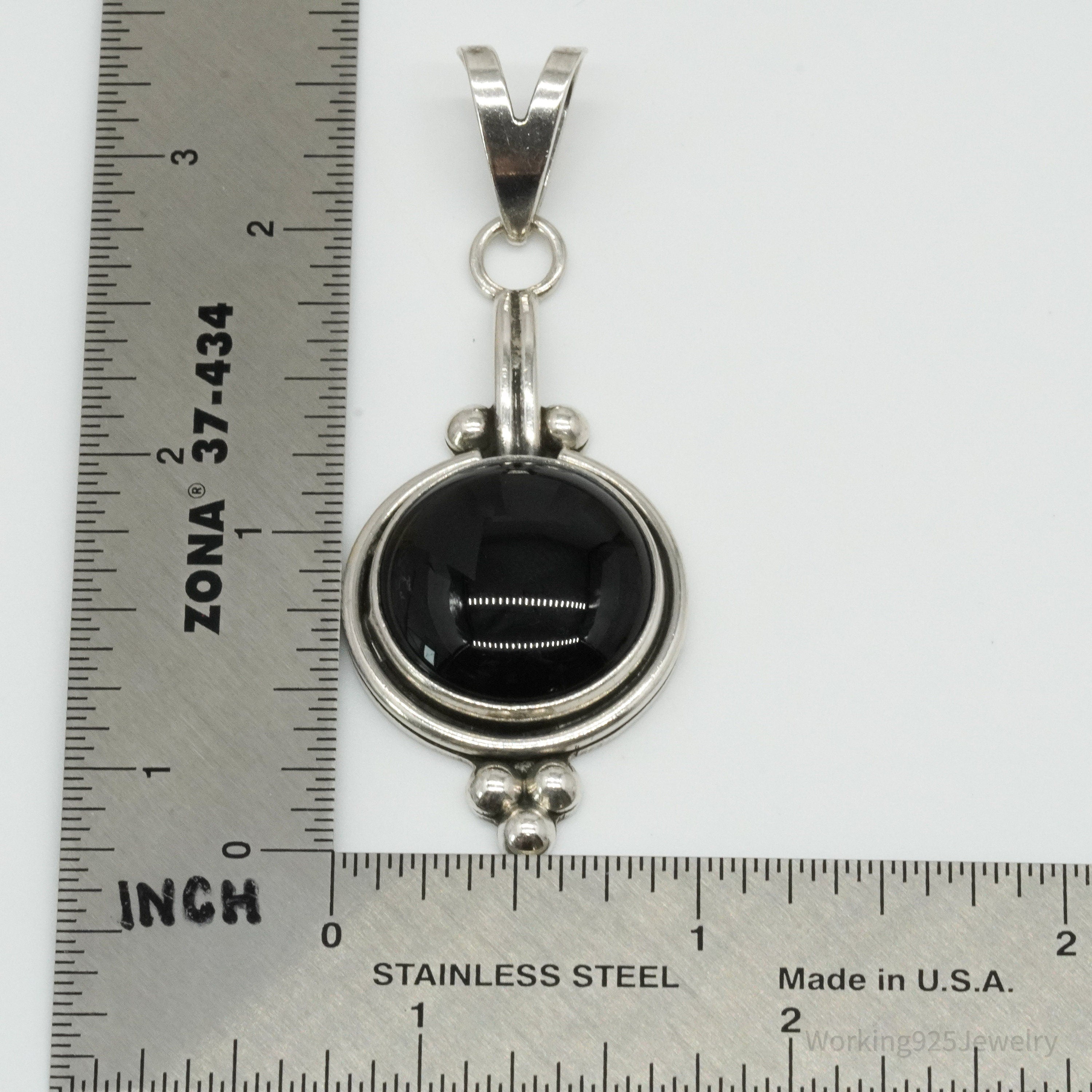 Large Vintage Modernist Black Onyx Sterling Silver Necklace Pendant