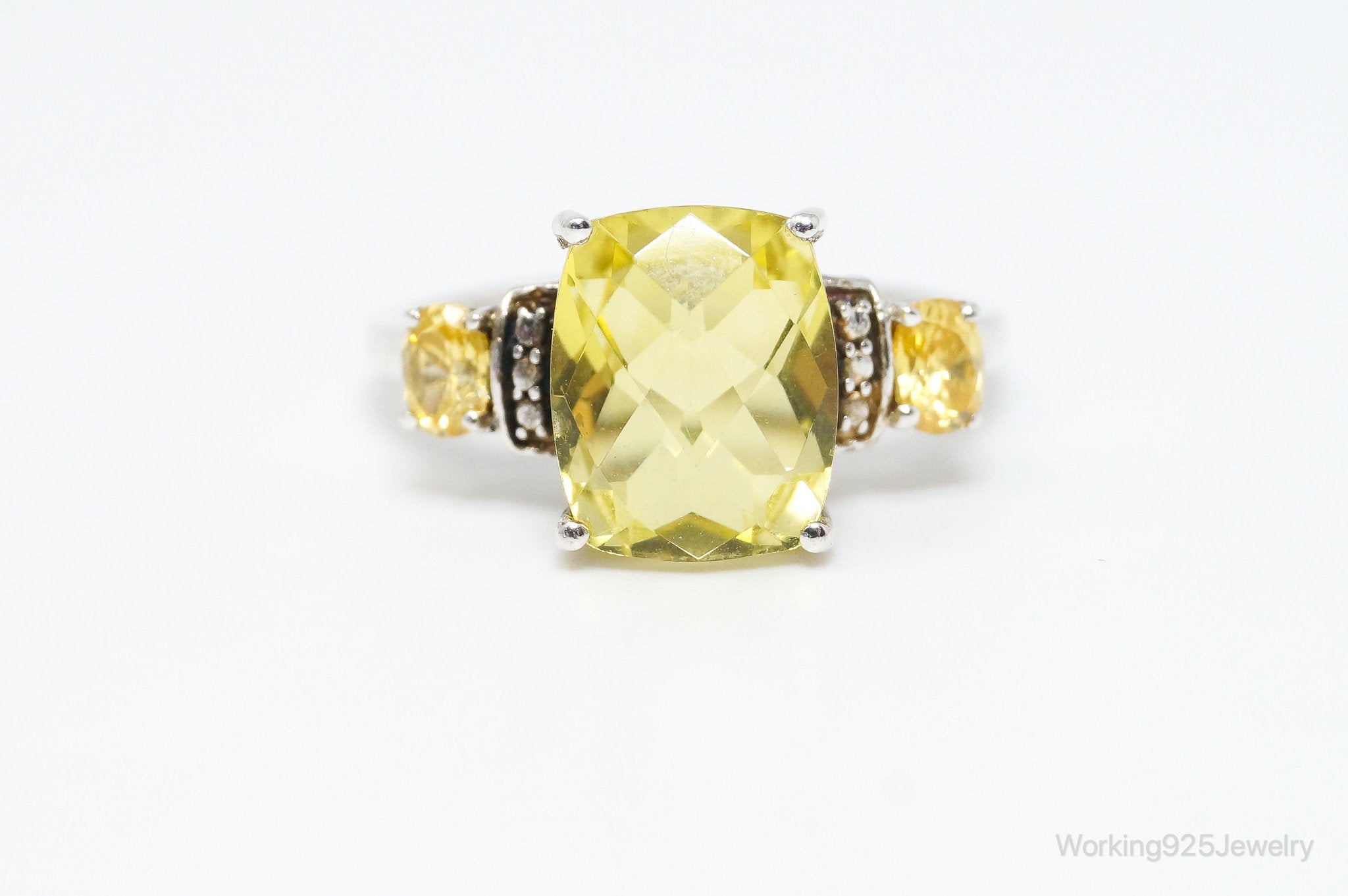 Vintage Lemon Quartz Yellow Cubic Zirconia Sterling Silver Ring - Size 7