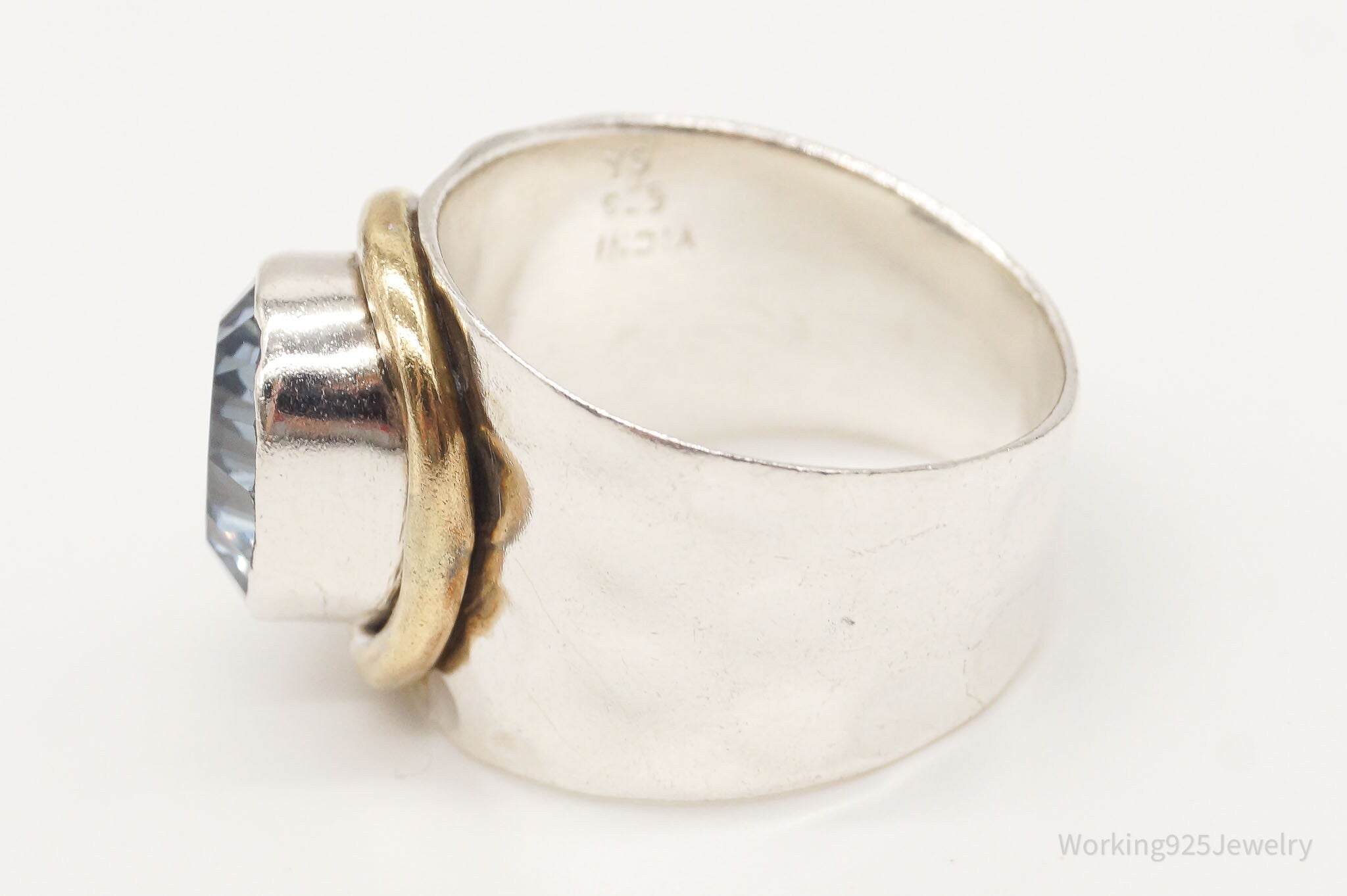 Vintage Large Blue Mystic Quartz Brass Sterling Silver Ring - 7.75