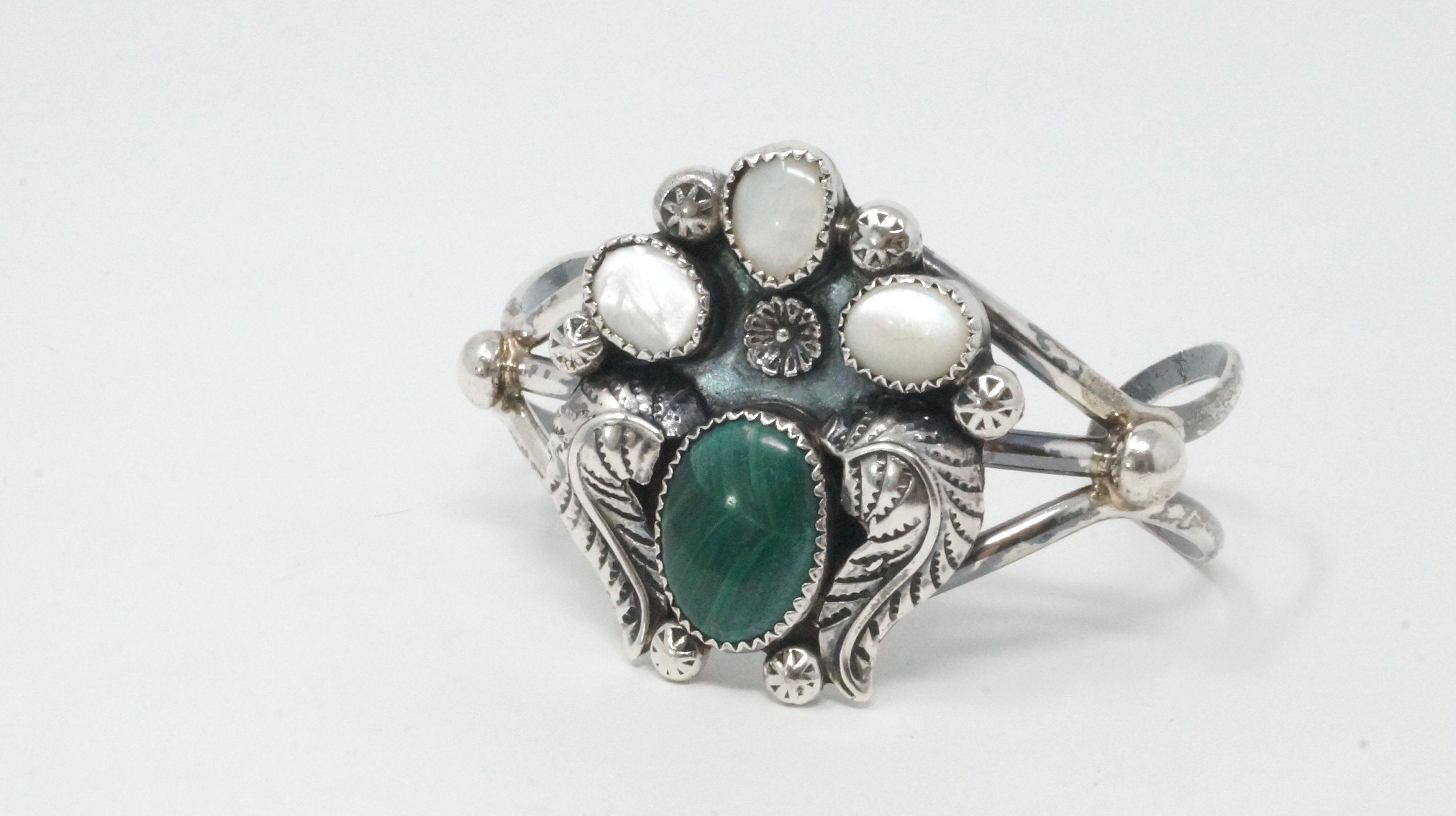 Vintage Malachite Mother of Pearl Sterling Silver Feather Design Cuff Bracelet