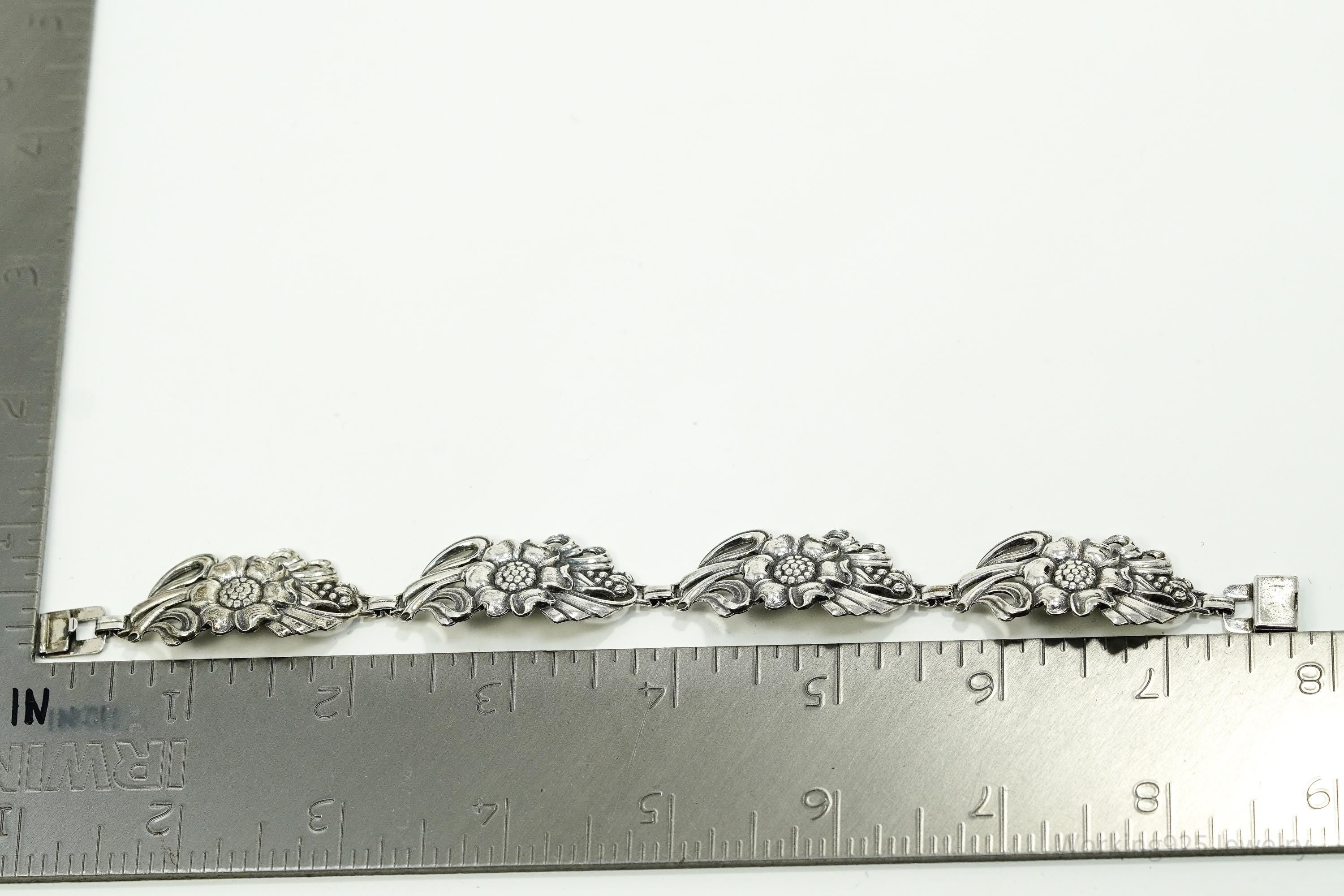 Antique Floral Sterling Silver Bracelet 7.75"