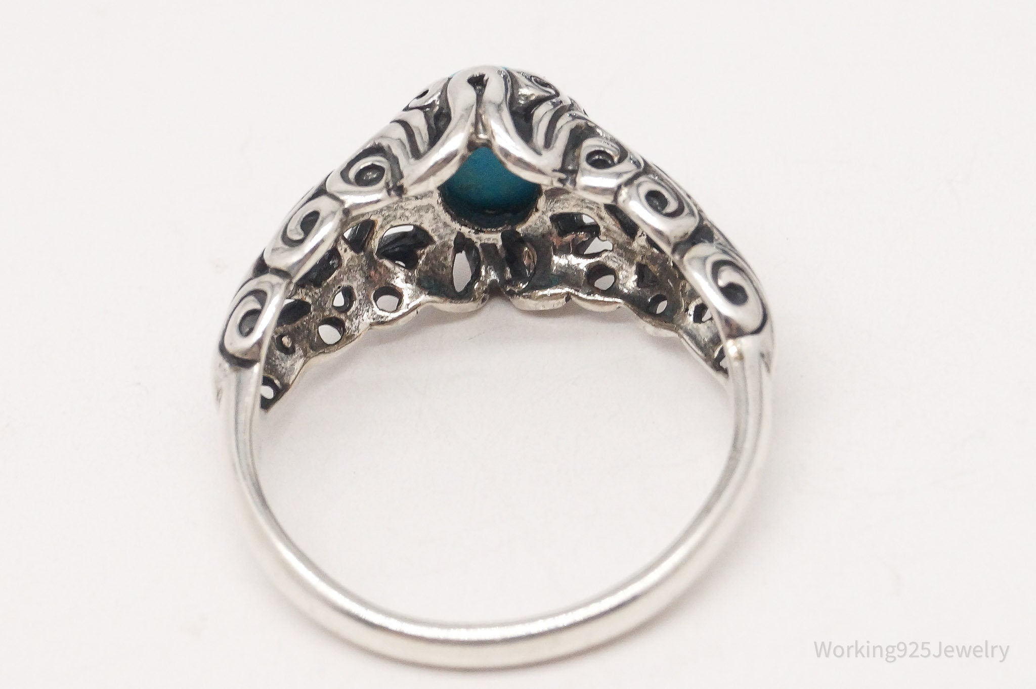 Vintage Blue Turquoise Scroll Swirl Sterling Silver Ring - Size 7.25