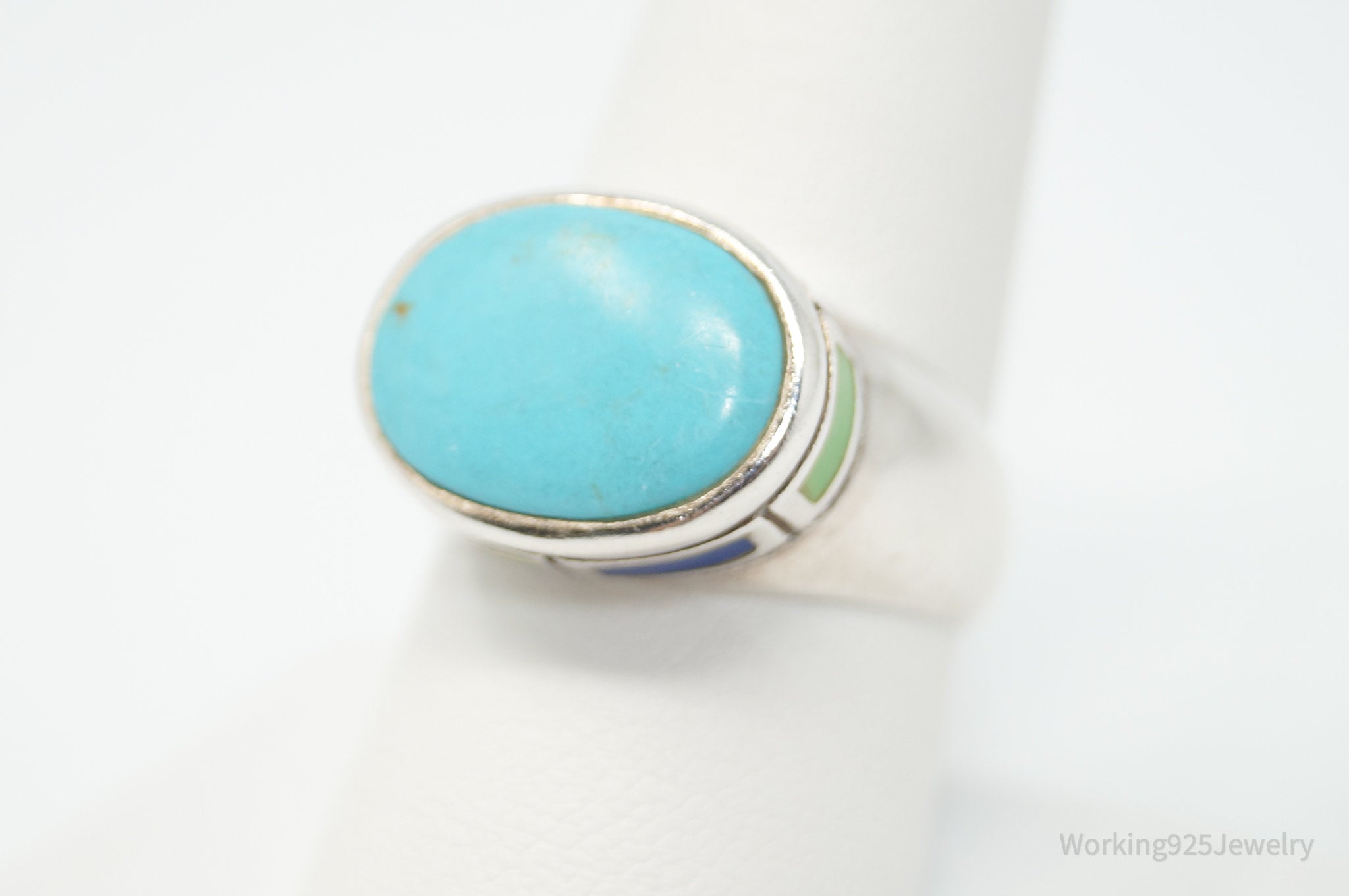 Vintage Southwestern Style Turquoise Dome Gem Inlay Sterling Silver Ring - Sz 9