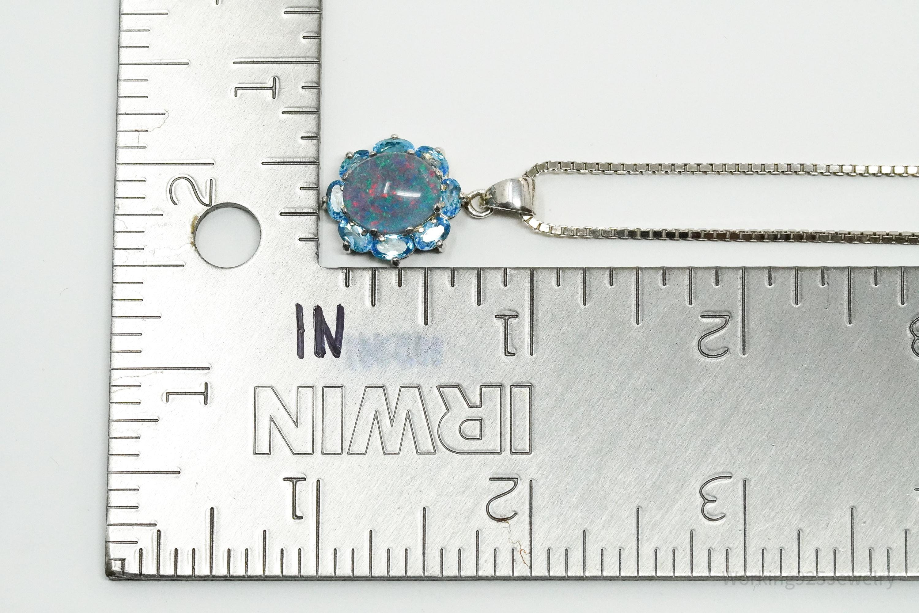 Vintage Opal & Blue Topaz Flower Sterling Silver Necklace 16"