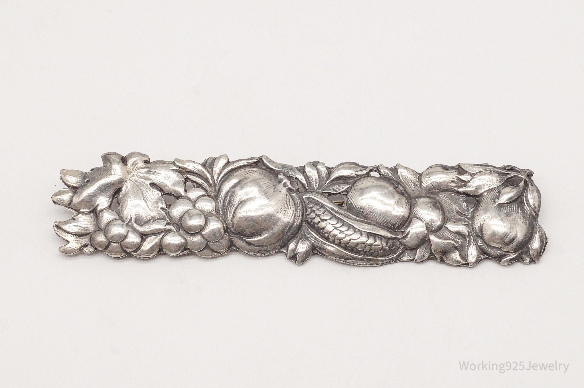 Large Rare Antique Vegetable Harvest Sterling Silver Repousse Brooch Pin