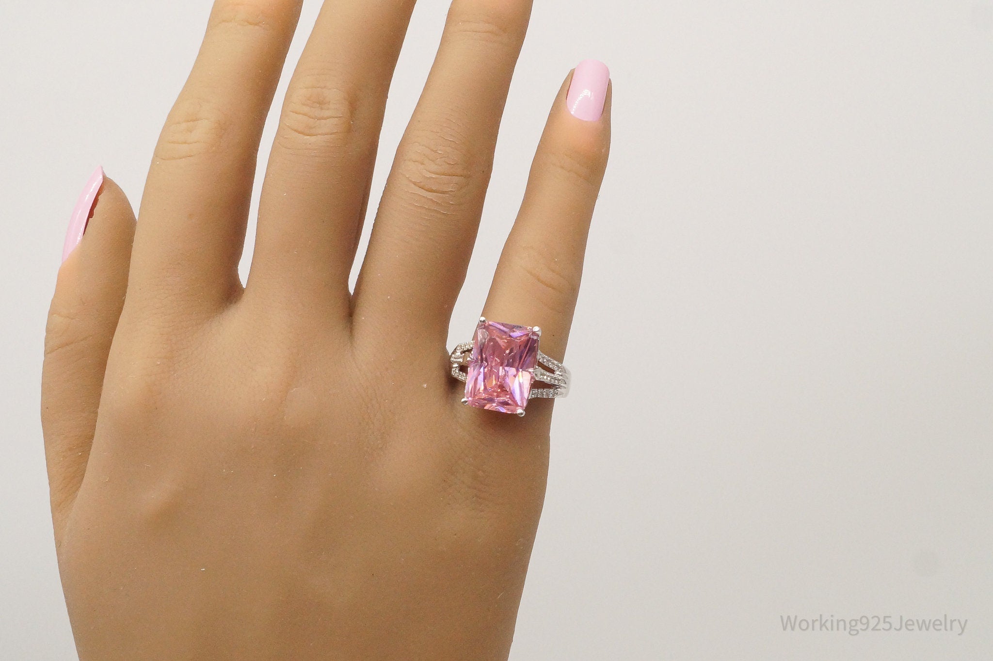 Vintage Large Pink & White Cubic Zirconia Sterling Silver Ring - Size 6