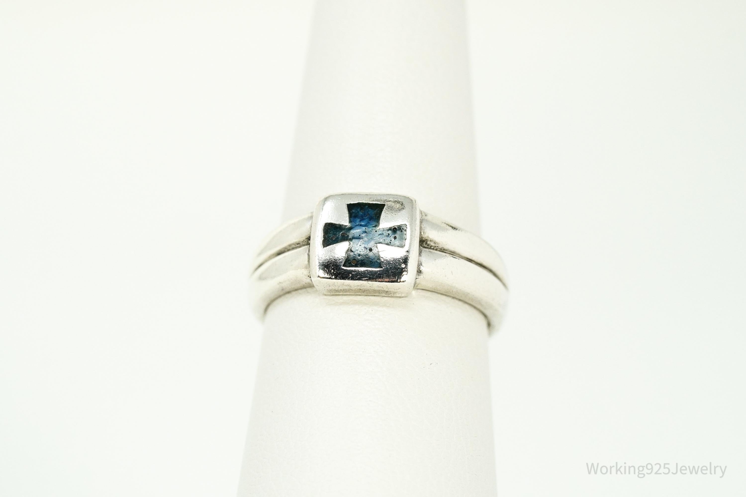 Vintage Blue Lapis Lazuli Inlay Cross Sterling Silver Ring - Size 6.75