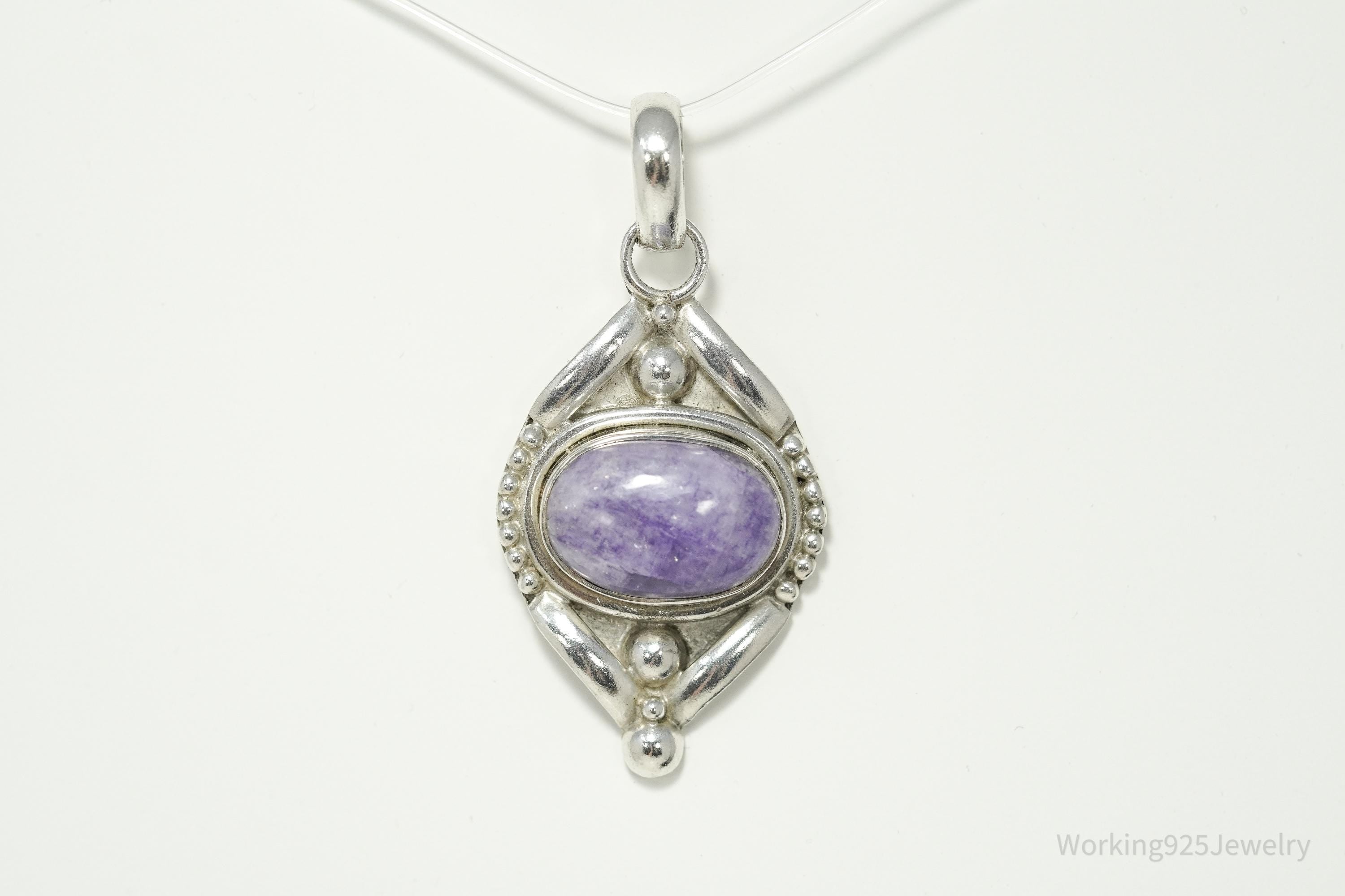 Vintage Sterling Silver Pendant • Purple Amethyst Cabochon Gemstone Jewelry