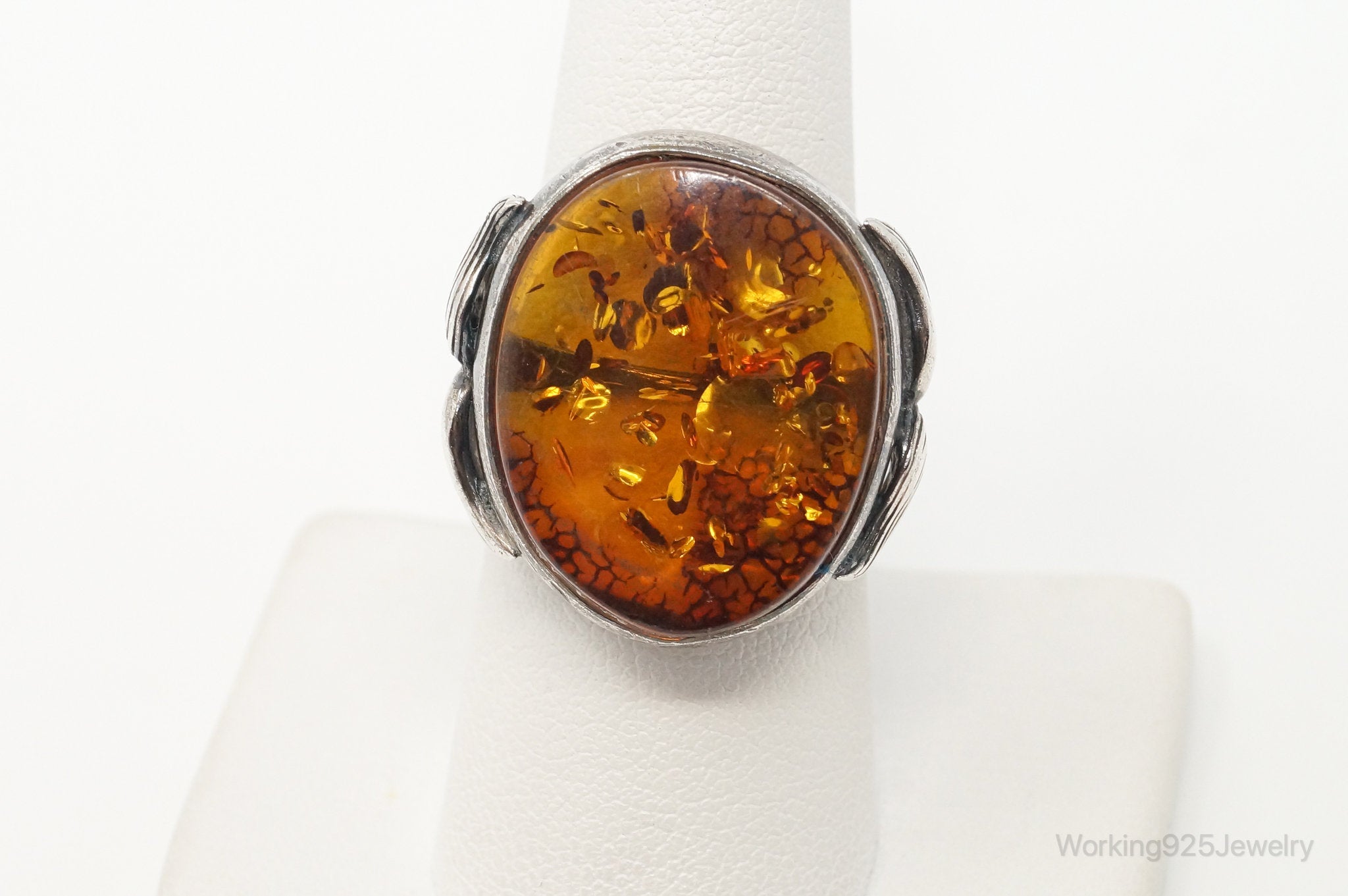 Vintage Large Honey Baltic Amber Sterling Silver Ring Size 7.5