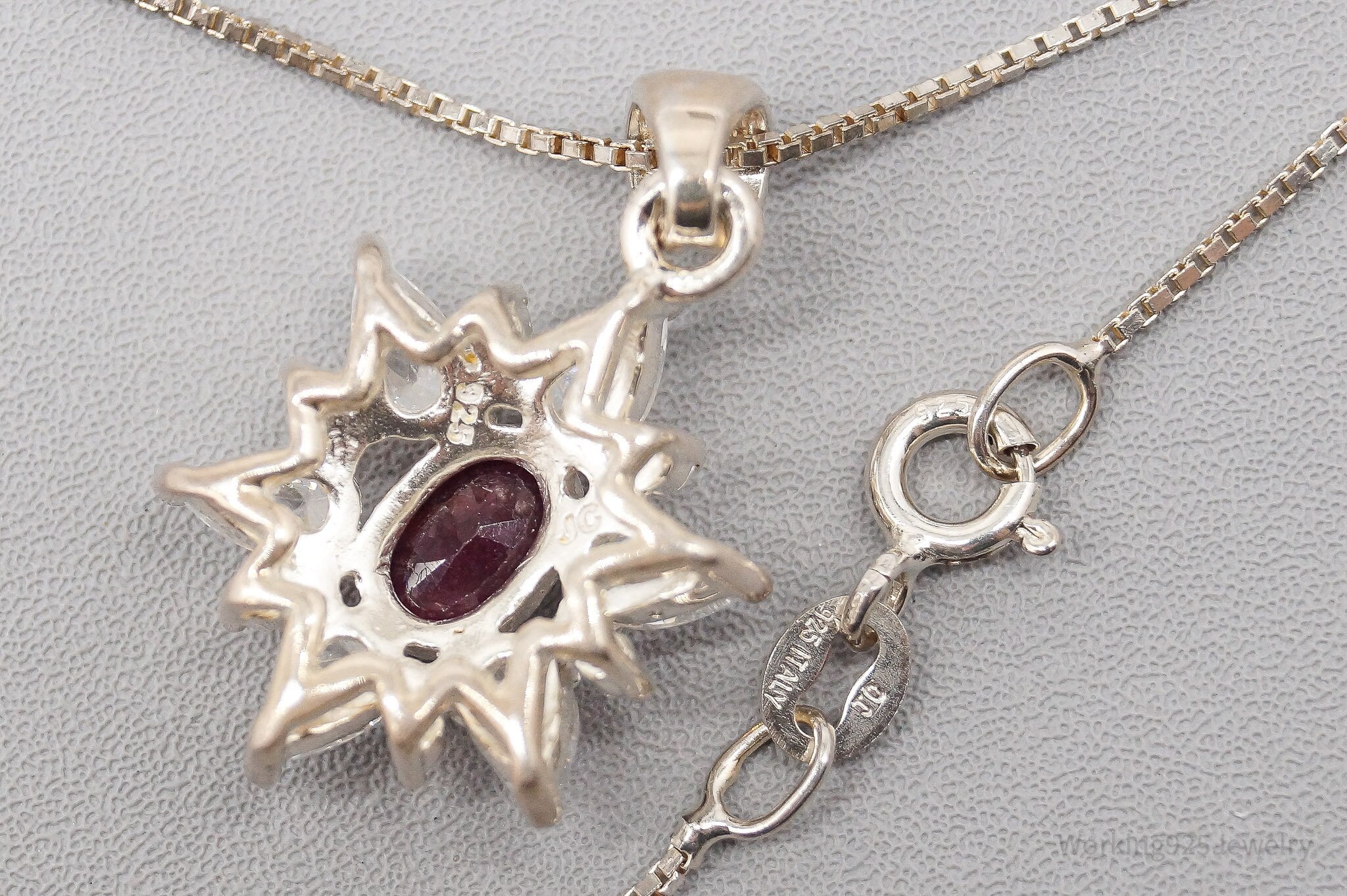 Vintage Raw Cut Ruby Cubic Zirconia Flower Sterling Silver Necklace 18"