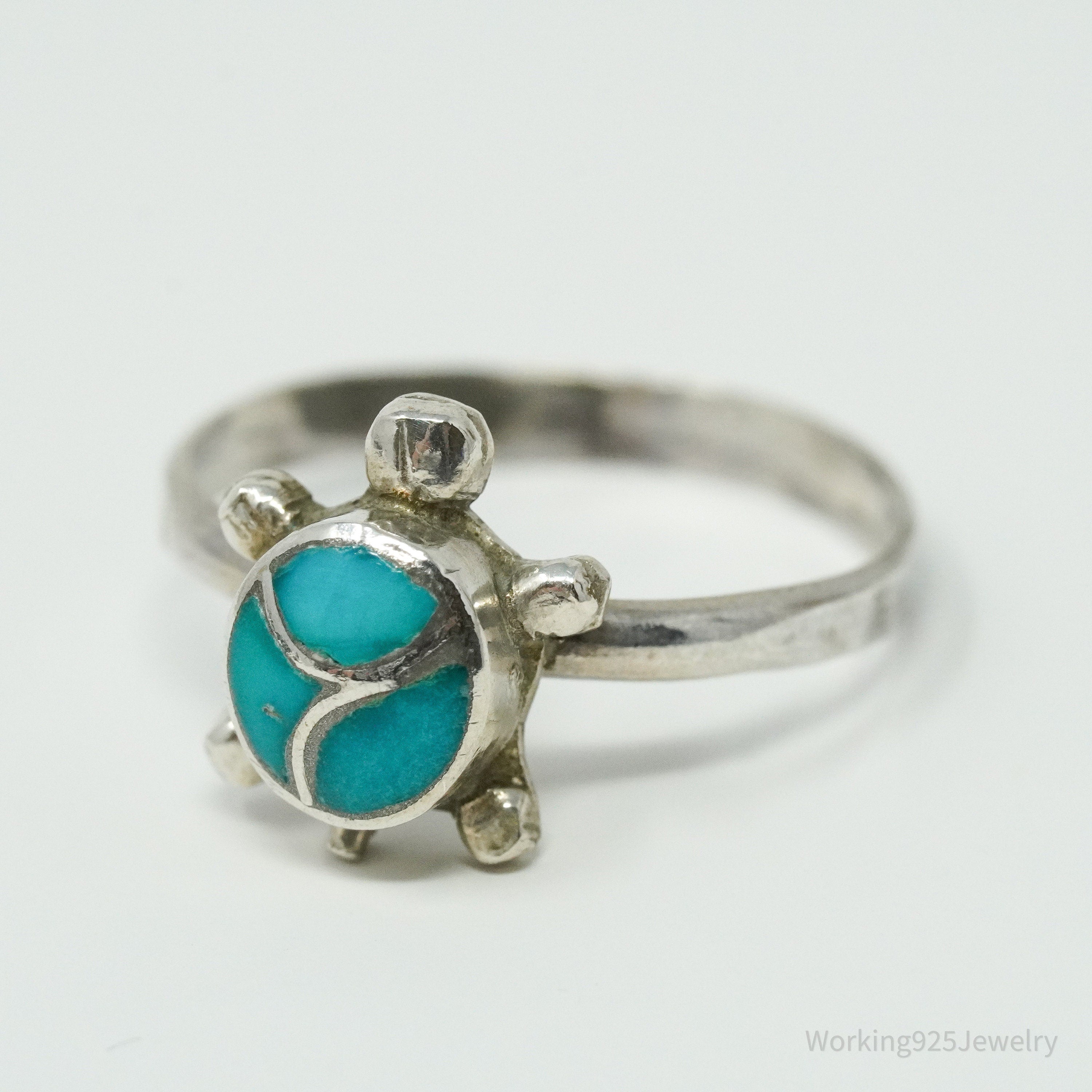 Vintage Native American Turquoise Inlay Turtle Handmade Silver Ring - Size 6.75