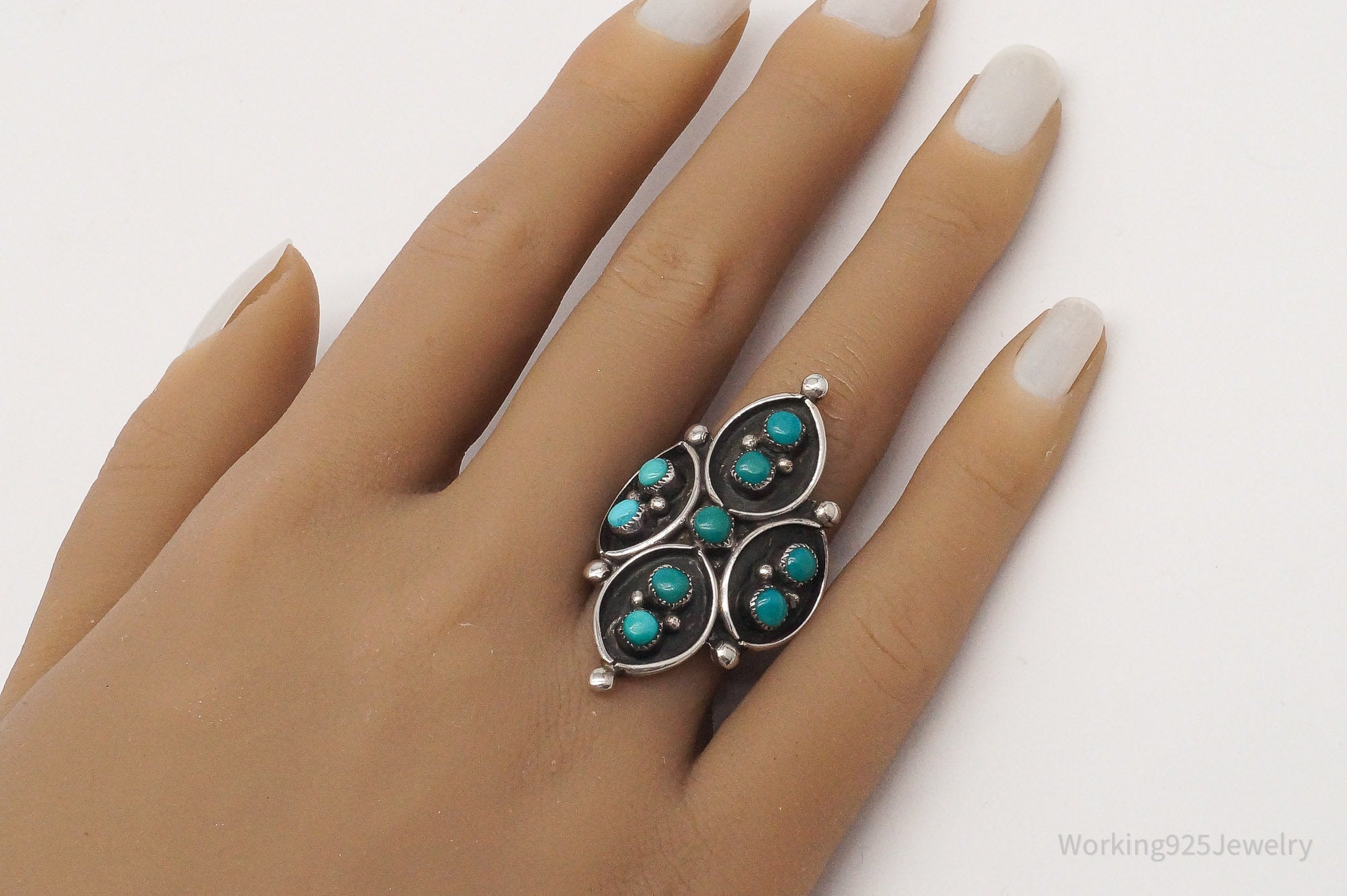 Vintage Native American Snake Eye Turquoise Unsigned Silver Ring Size 6.75