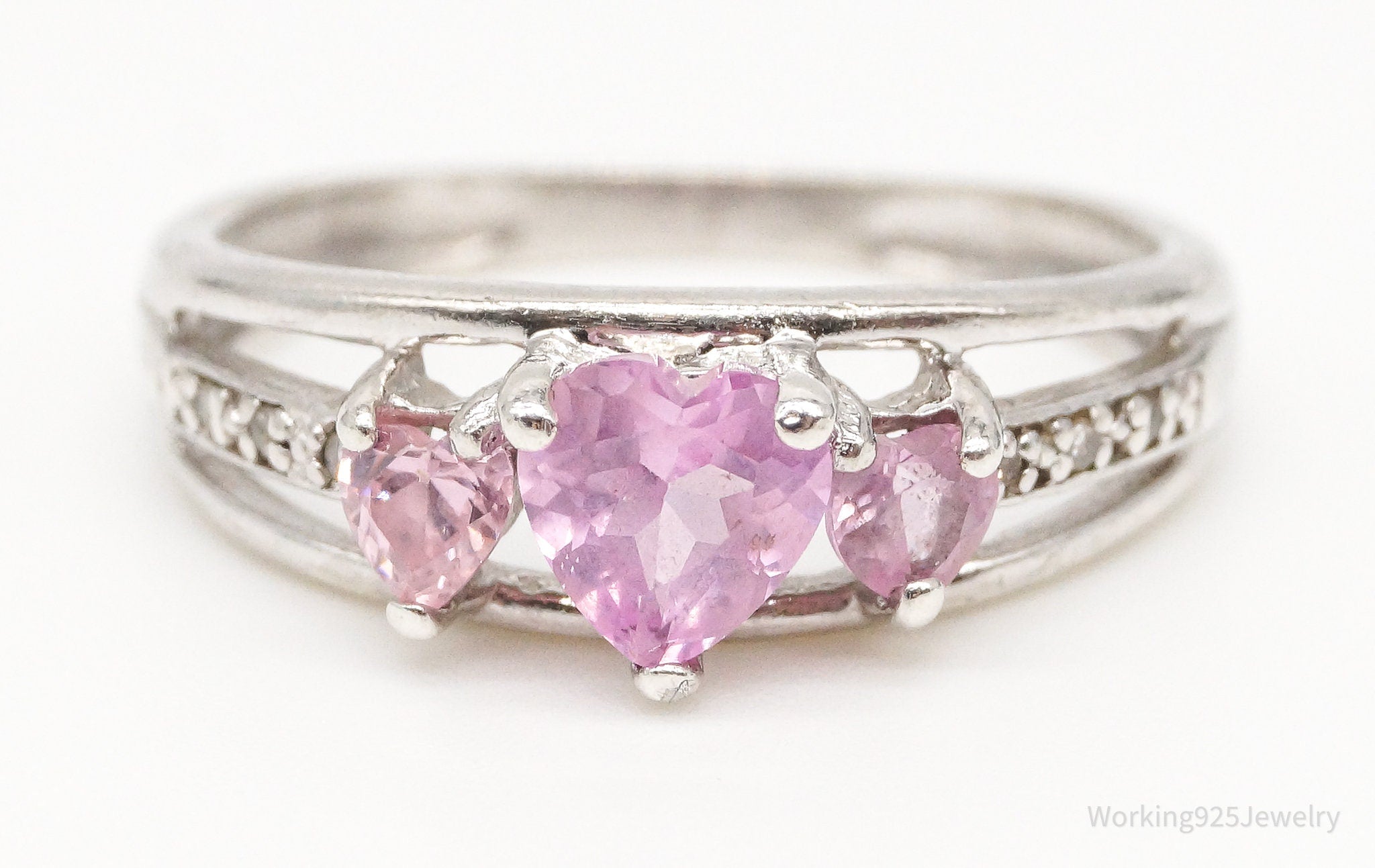 Vintage Pink Topaz Hearts Cubic Zirconia Silver Ring - Size 6