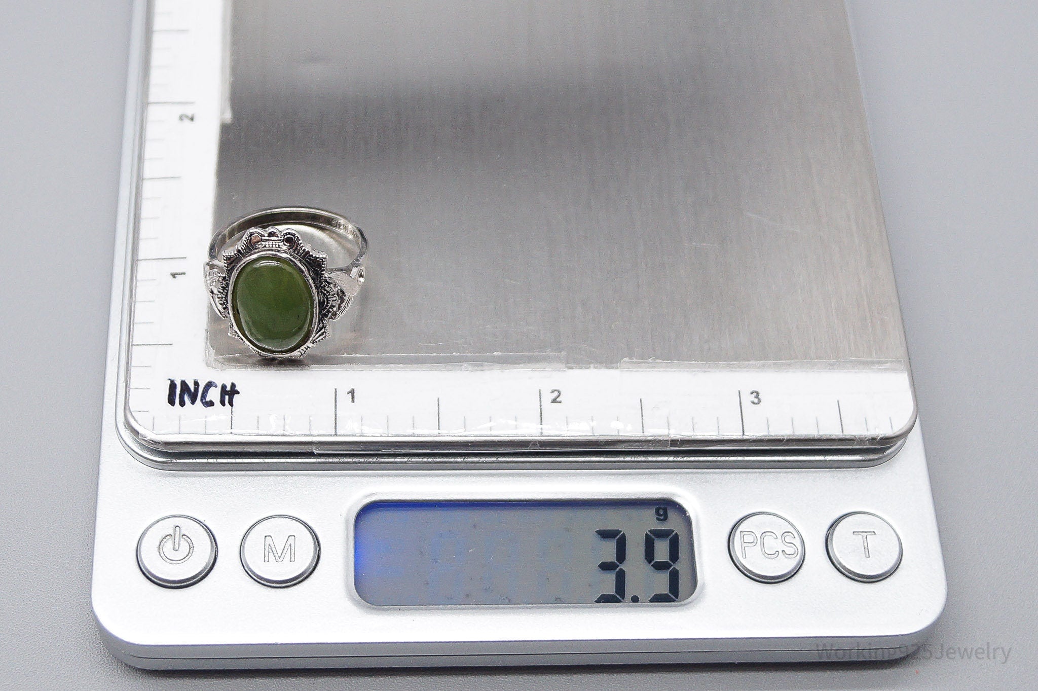 Antique Designer Clark & Coombs Nephrite Jade Sterling Silver Ring - Size 7.5