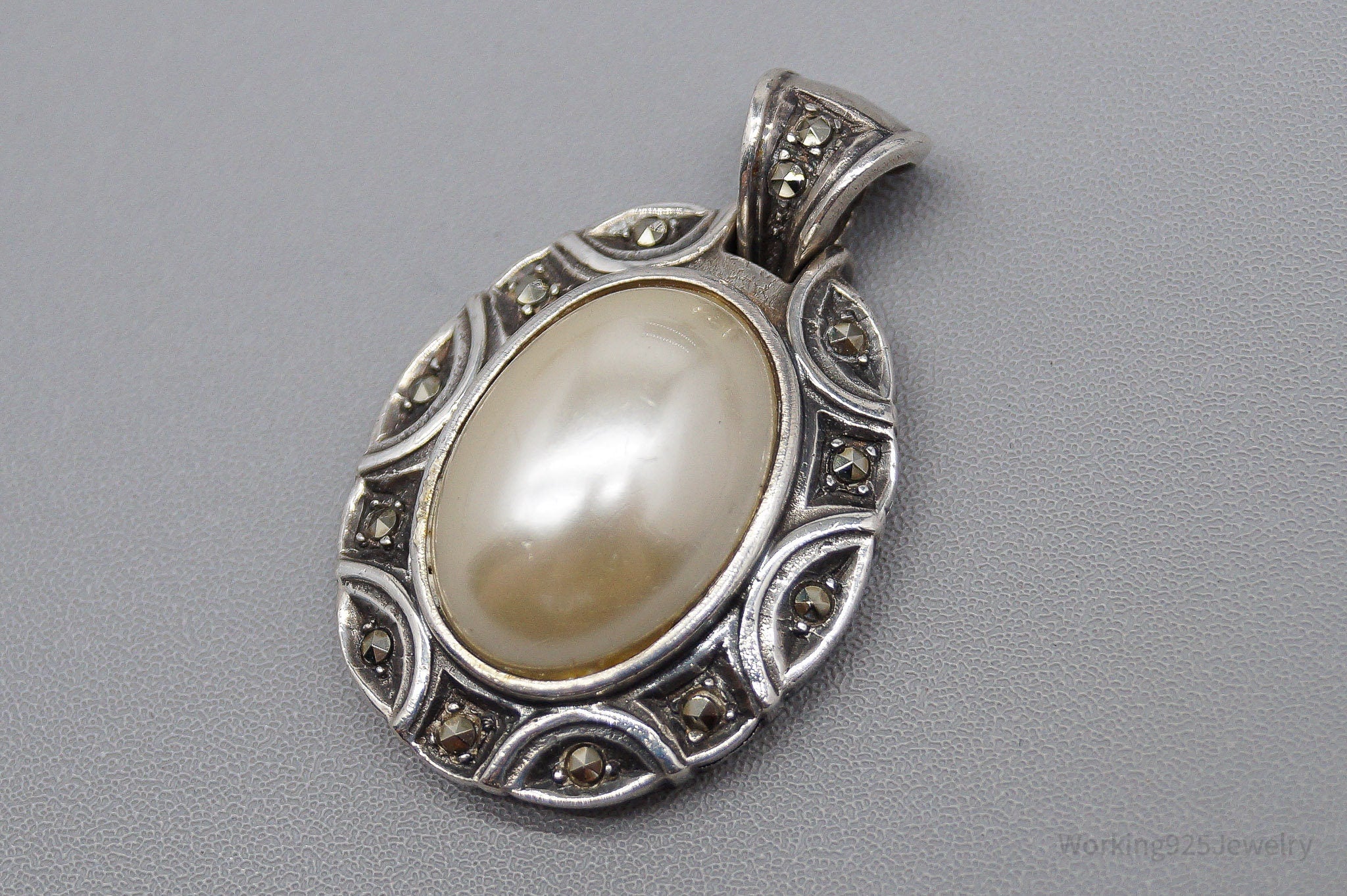 Vintage Faux Pearl Marcasite Sterling Silver Pendant
