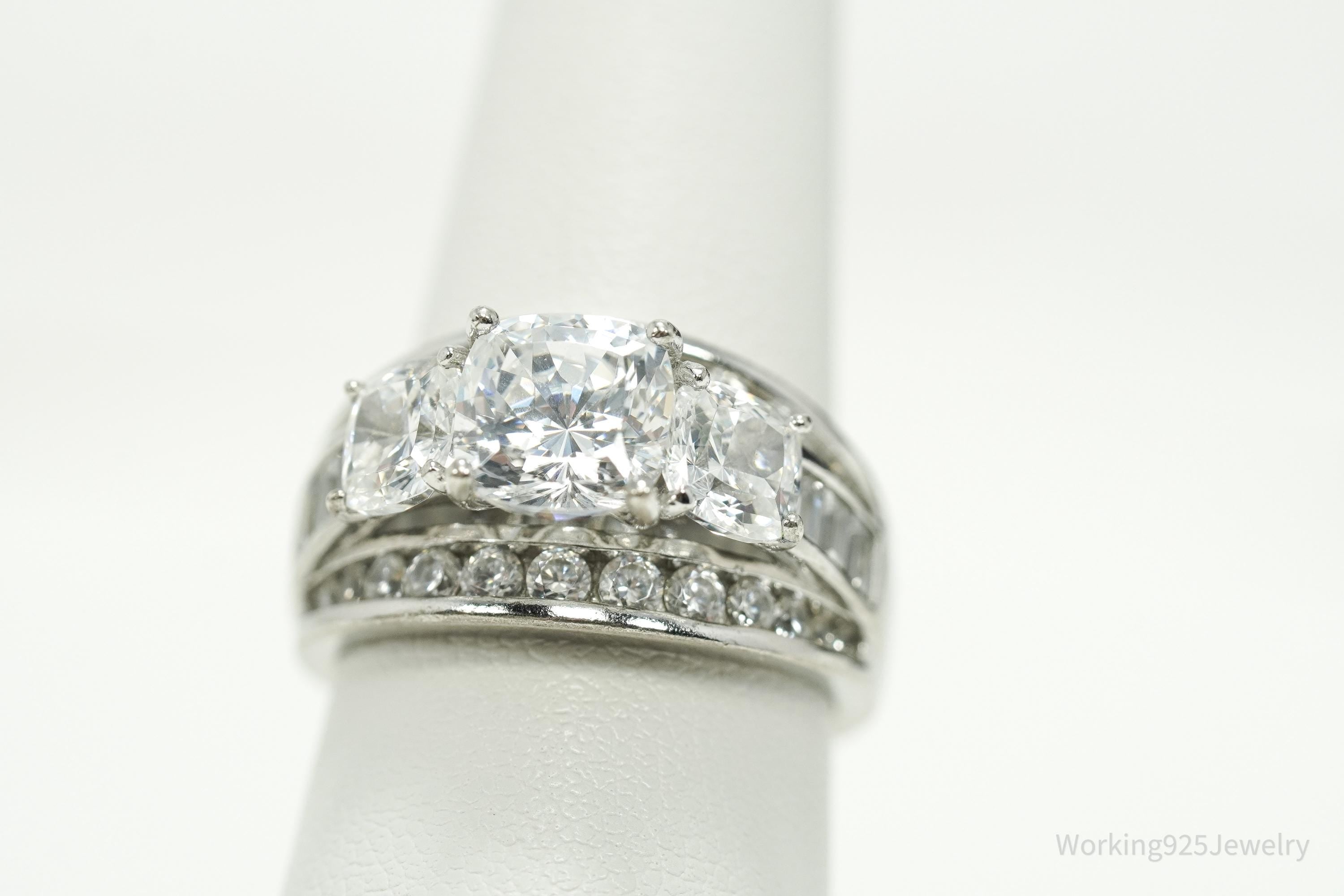 Vintage Cubic Zirconia Platinum Clad Sterling Silver Ring - Size 7