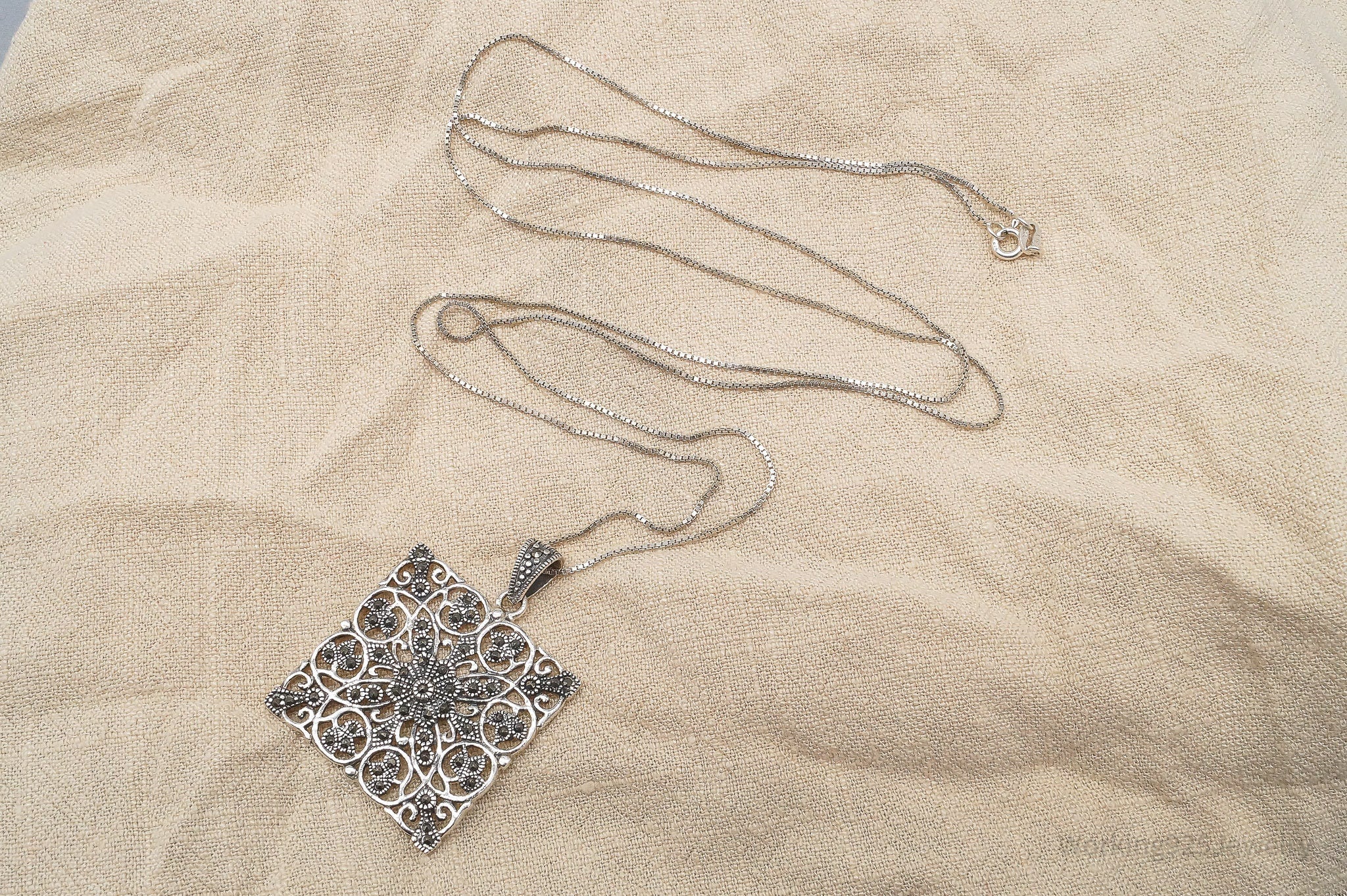 Vintage Ornate Marcasite Sterling Silver Necklace 31"