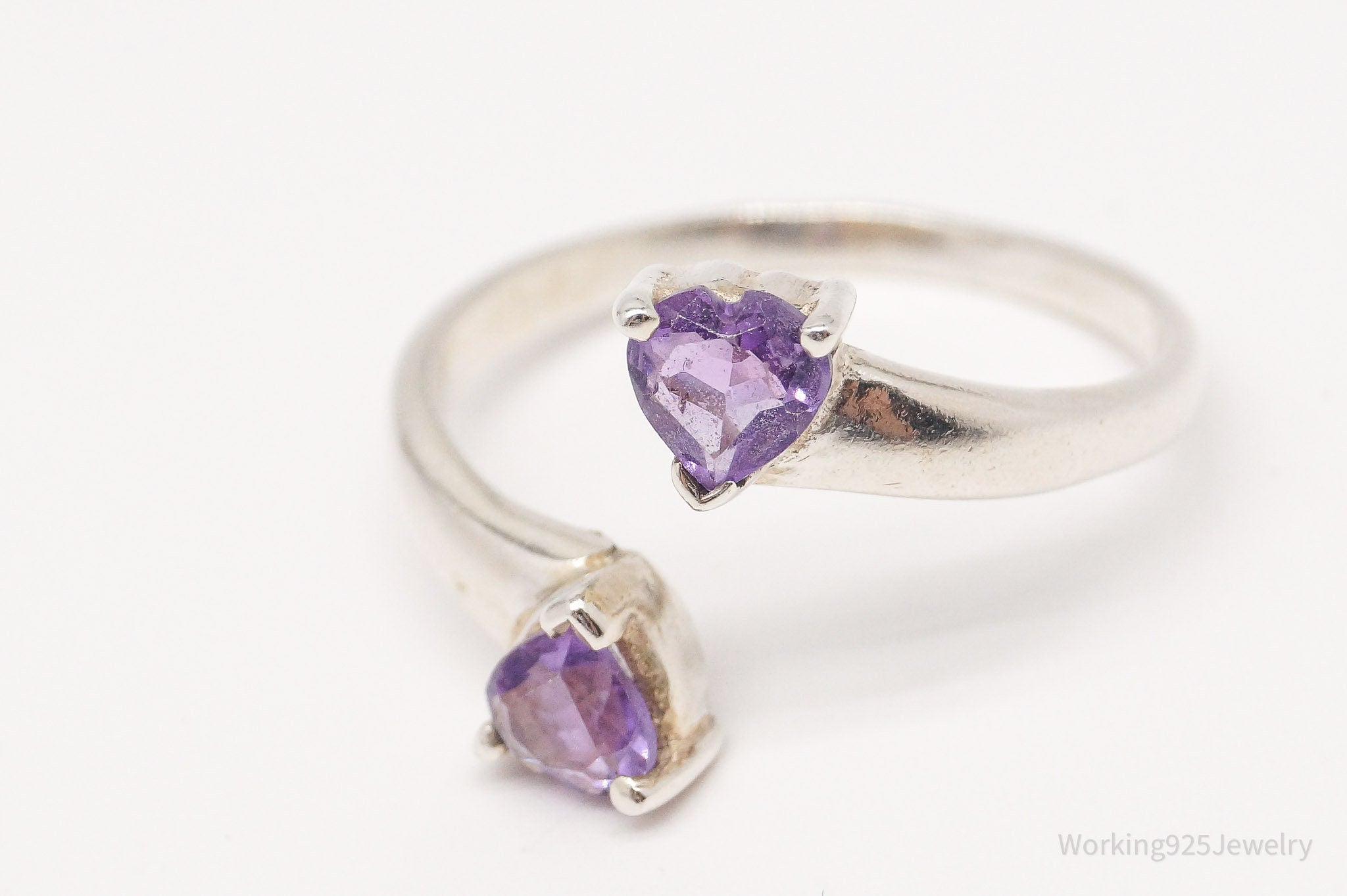 Vintage Amethyst Hearts Sterling Silver Wrap Ring - Size 8.75 Adjustable