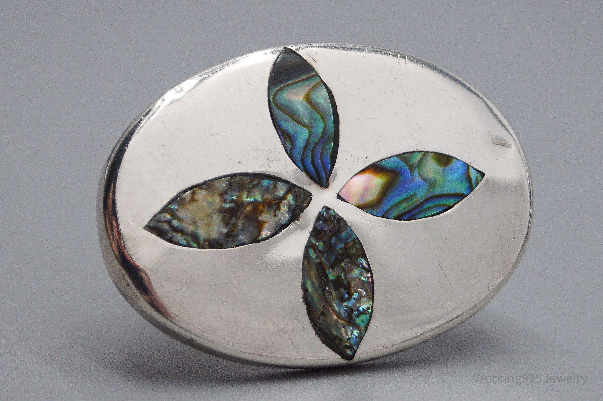 Large Vintage Mexican Paua Abalone Shell Sterling Silver Brooch Pin Pendant