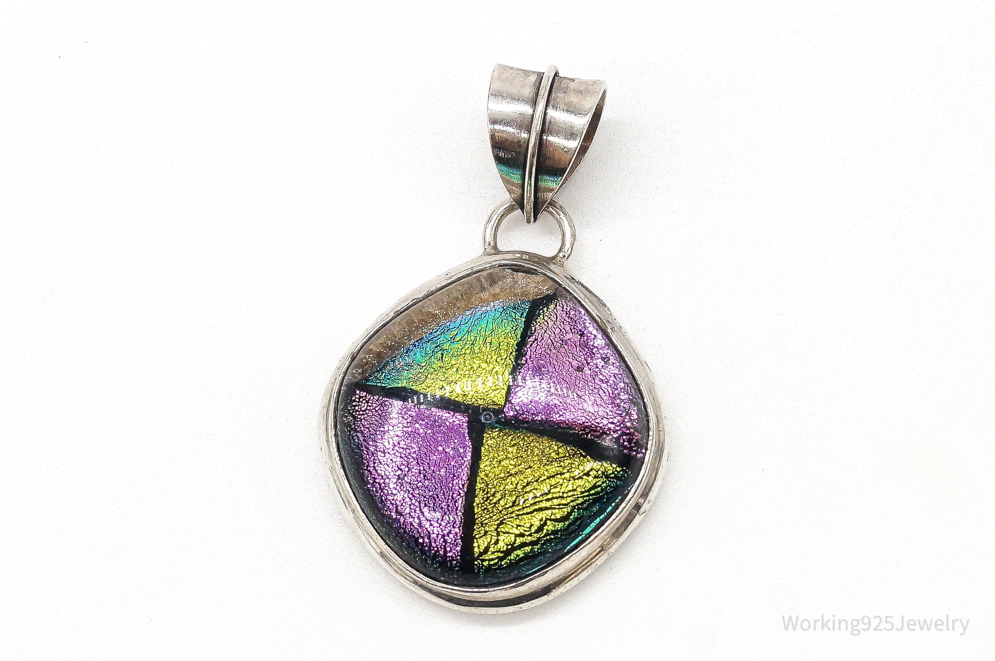 Vintage Large Dichroic Glass Sterling Silver Necklace Pendant