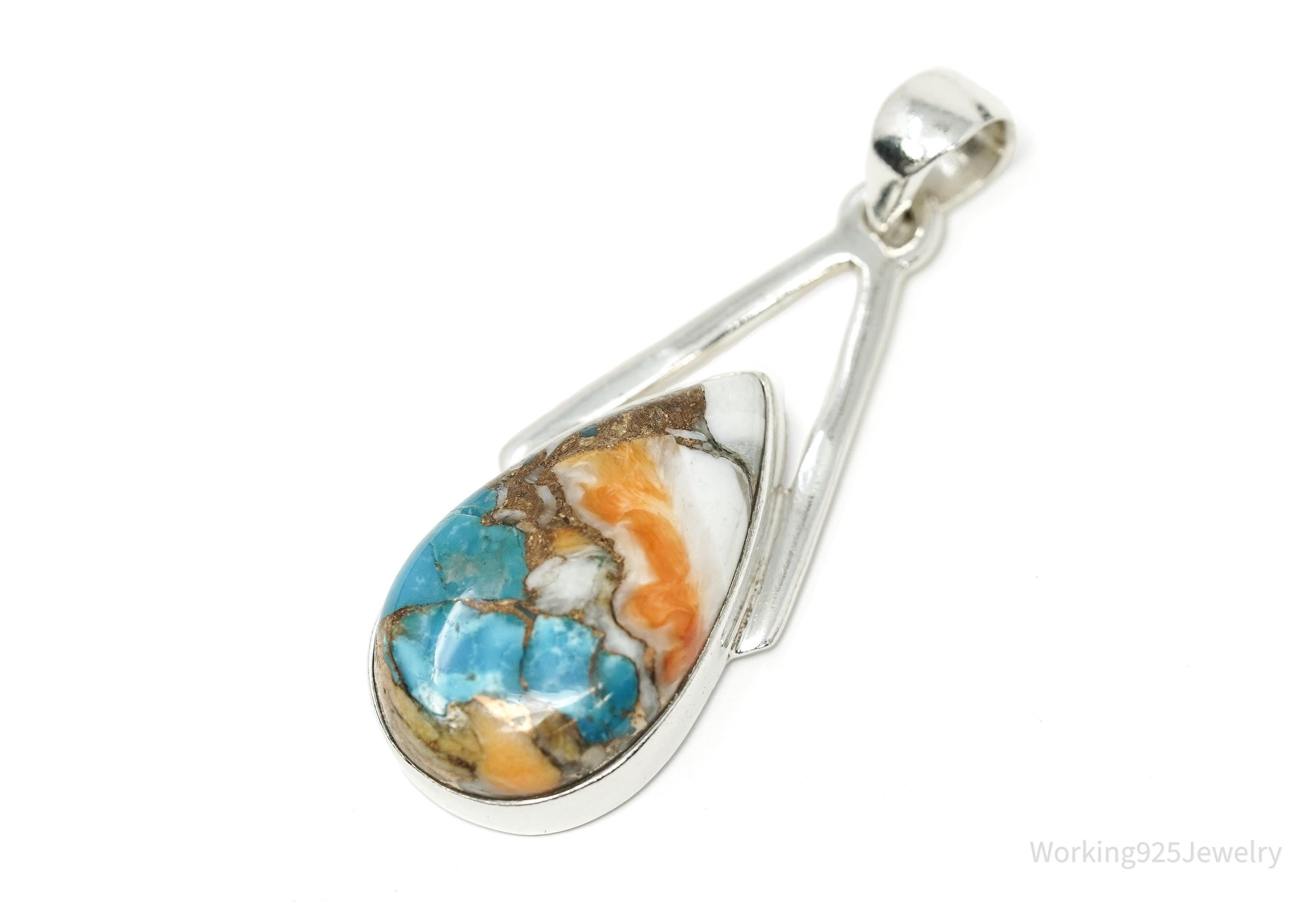 Vintage Oyster Copper Turquoise Sterling Silver Pendant 1 5/8"