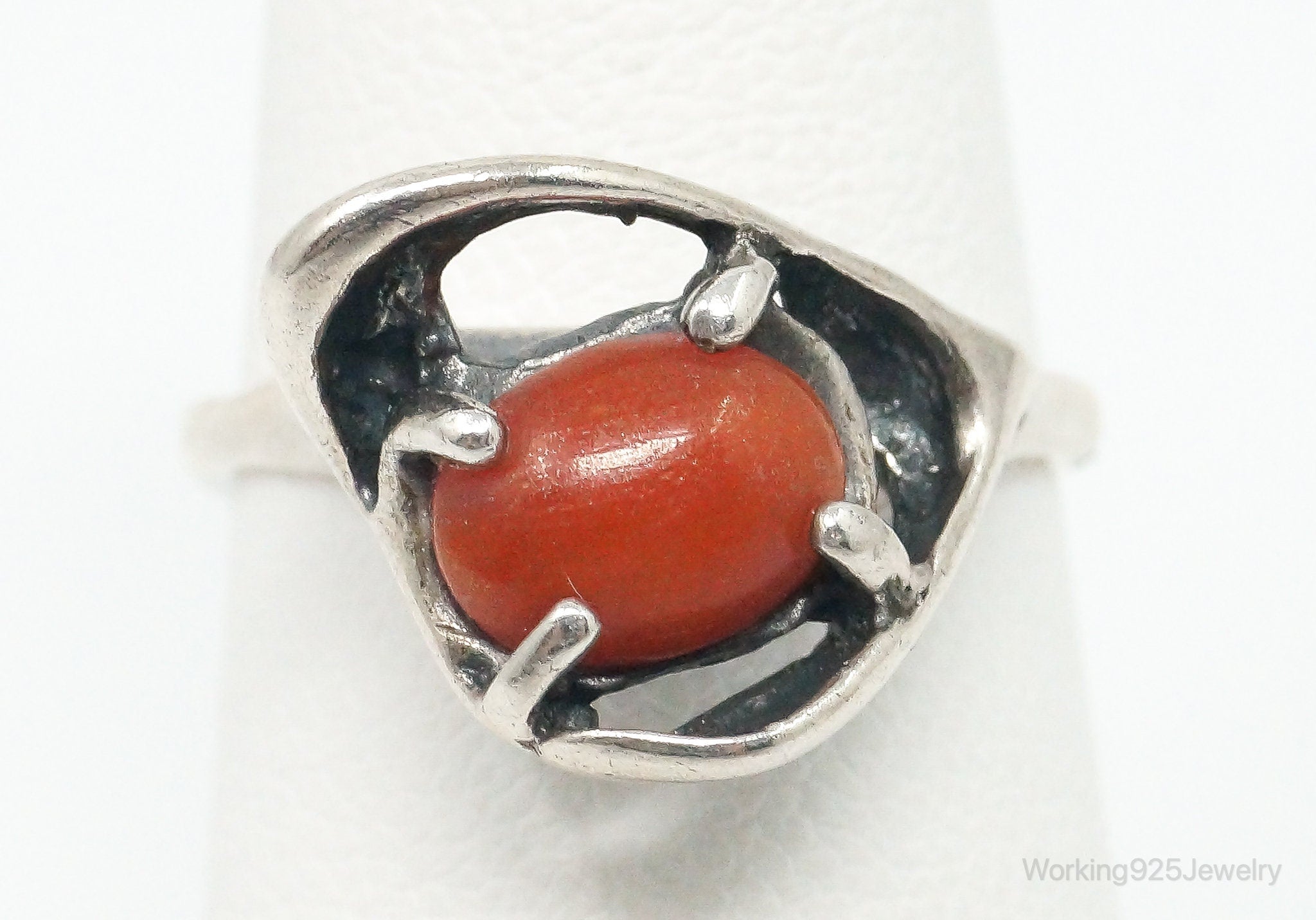 Vintage Native American Unsigned Coral Sterling Silver Ring - Size 6