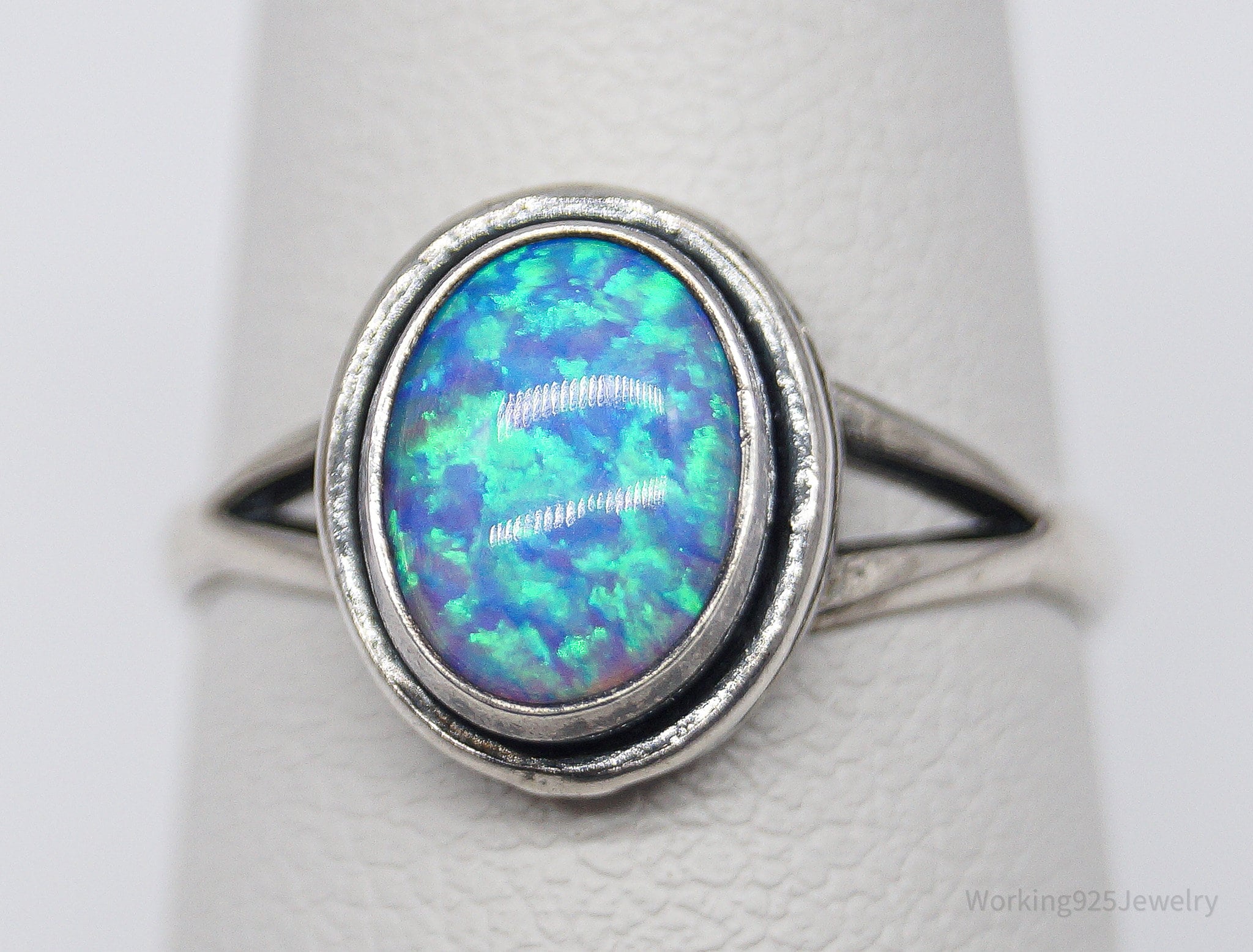 Vintage Blue Opal Sterling Silver Ring - Size 6.5