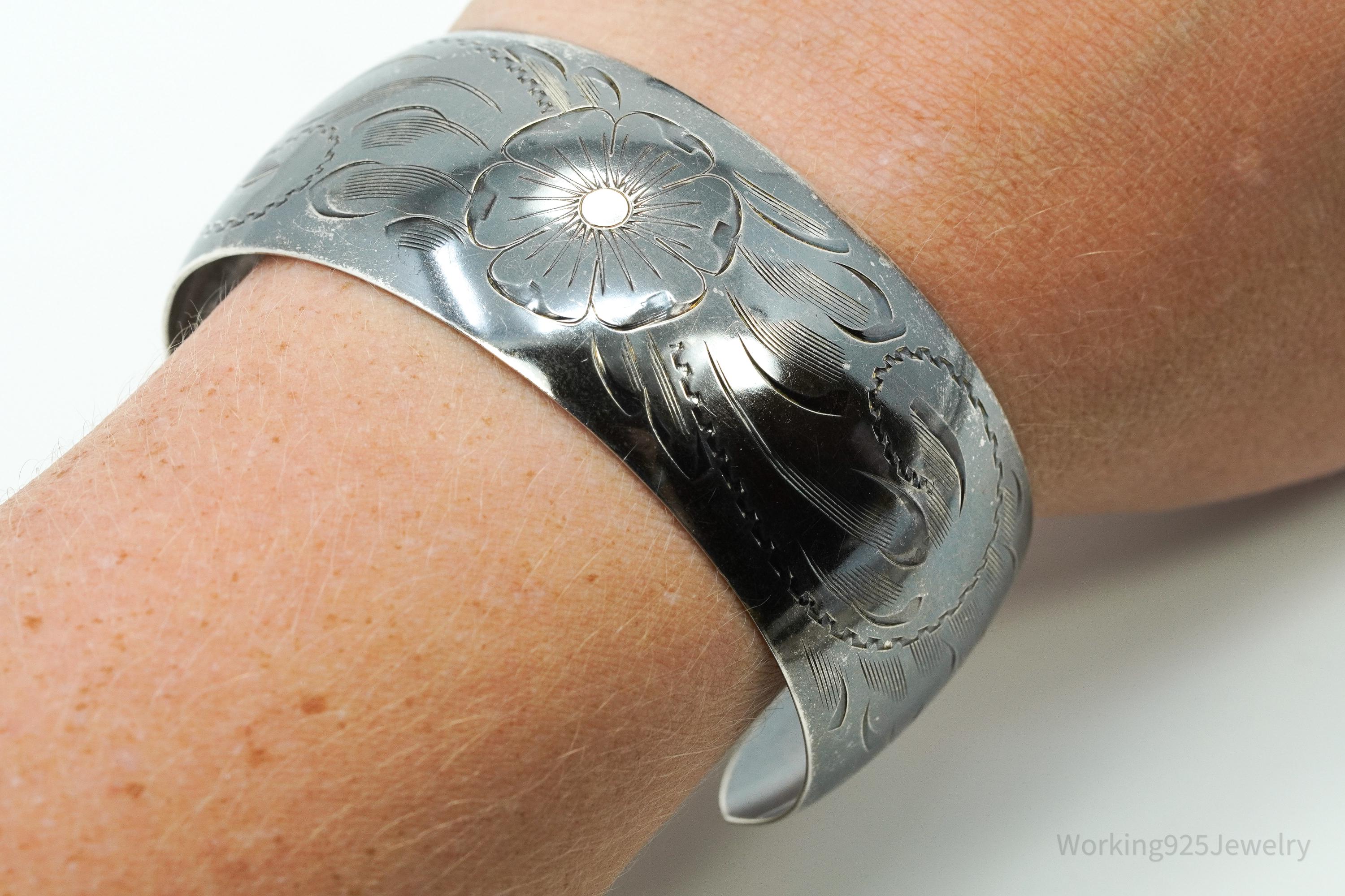 Antique Art Nouveau Floral Etched Sterling Silver Cuff Bracelet - 7 5/8"