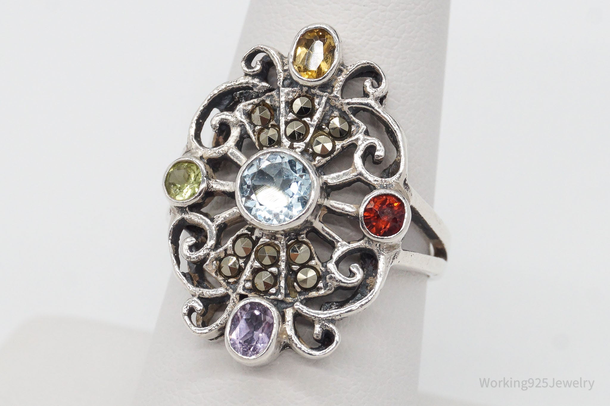 Vintage Multi Gemstone Sterling Silver Ring - Size 8