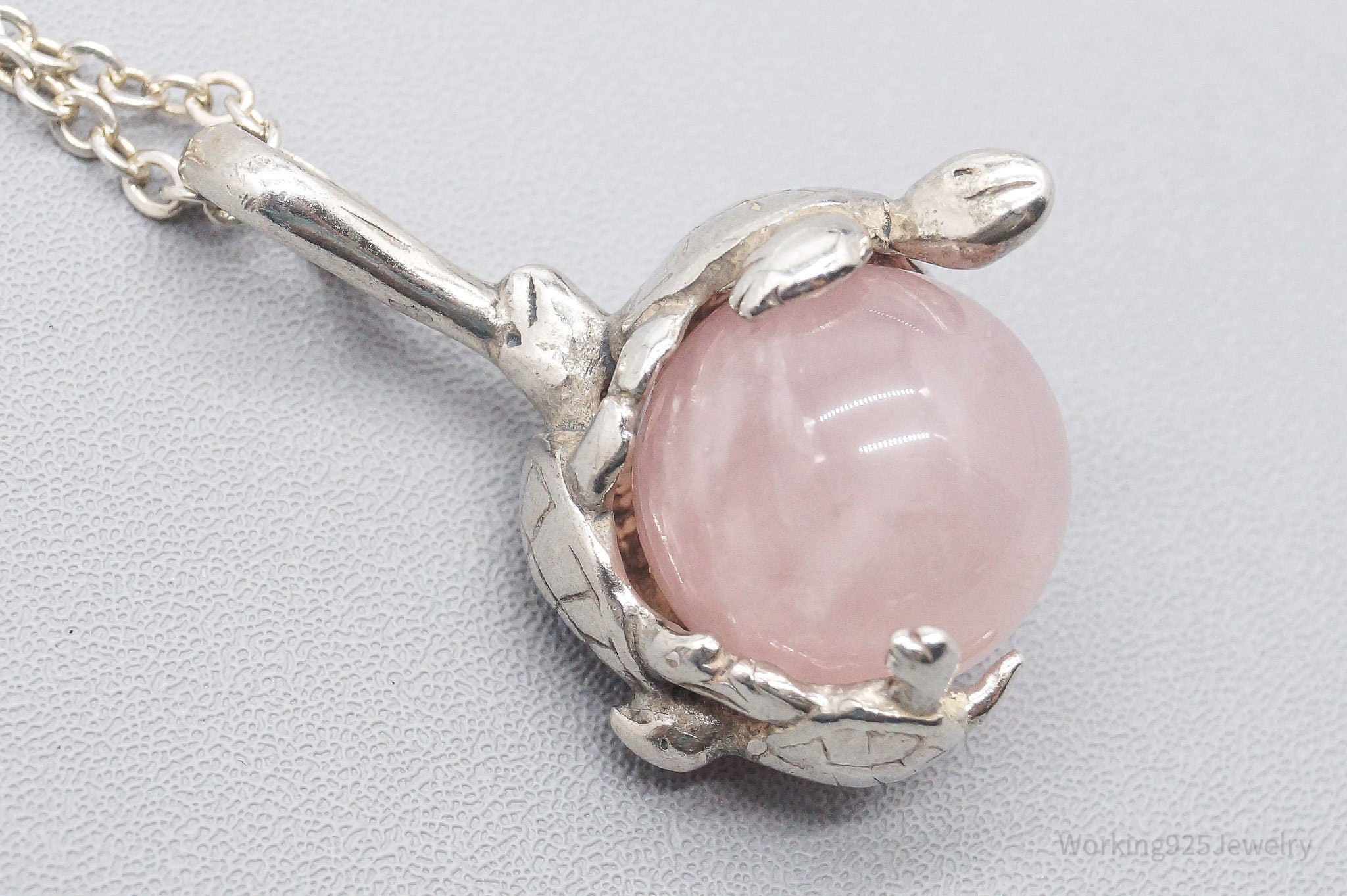 Vintage Sea Turtles & Rose Quartz Sterling Silver Necklace 20"