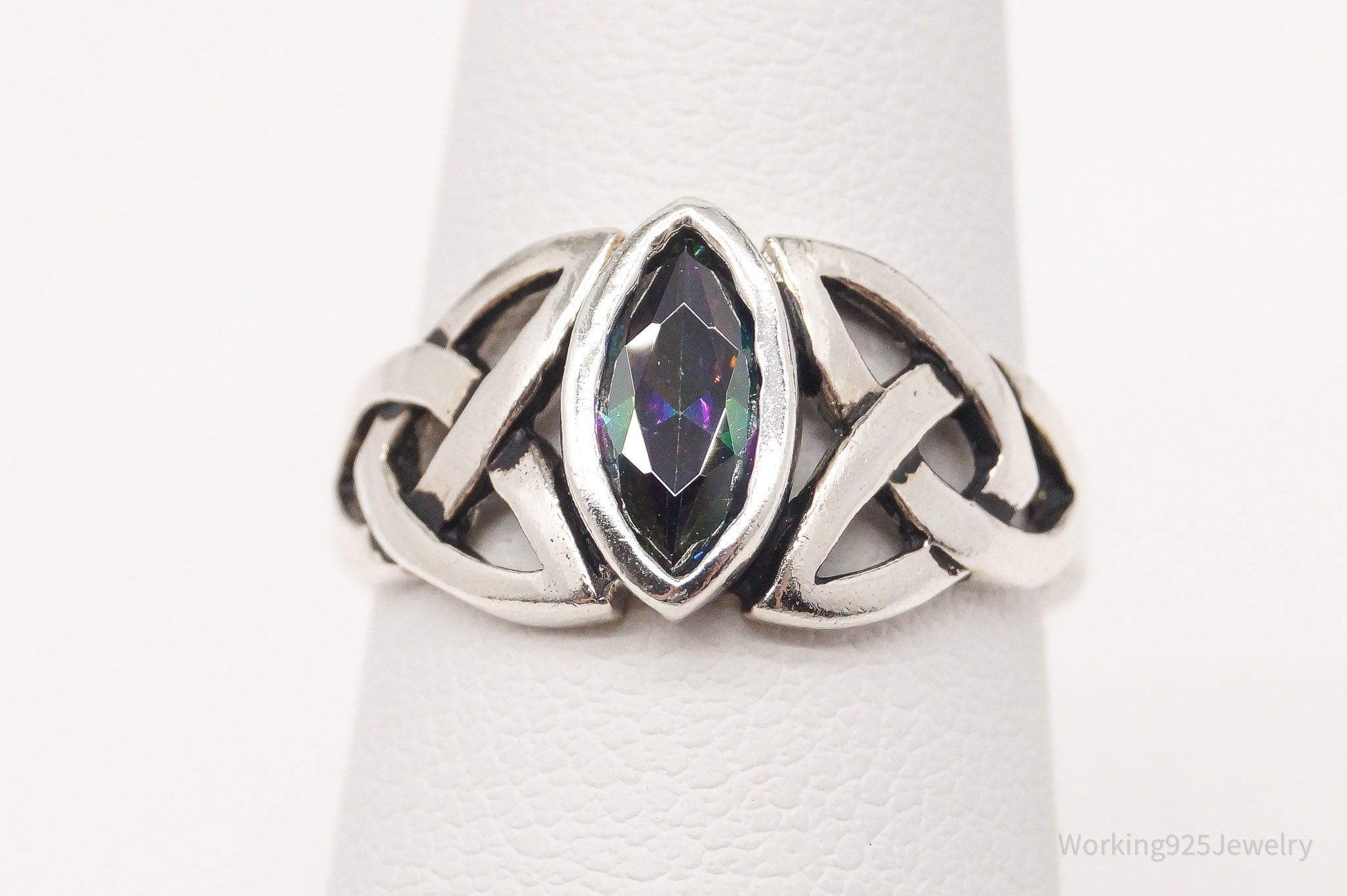 Vintage Lab Mystic Topaz Celtic Knot Sterling Silver Ring - Size 5.25