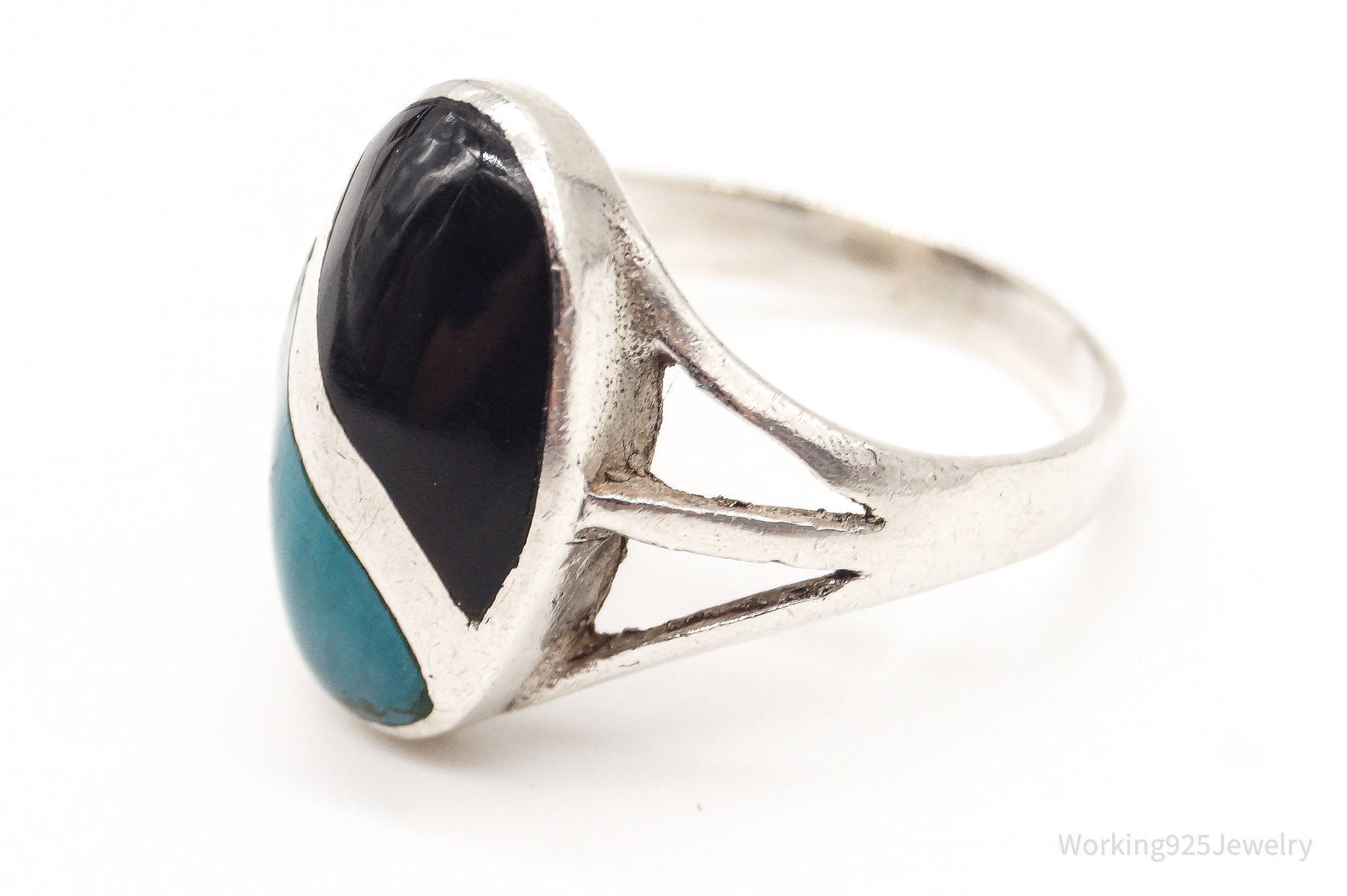 Vintage Turquoise Black Onyx Inlay Sterling Silver Ring - Size 6.75