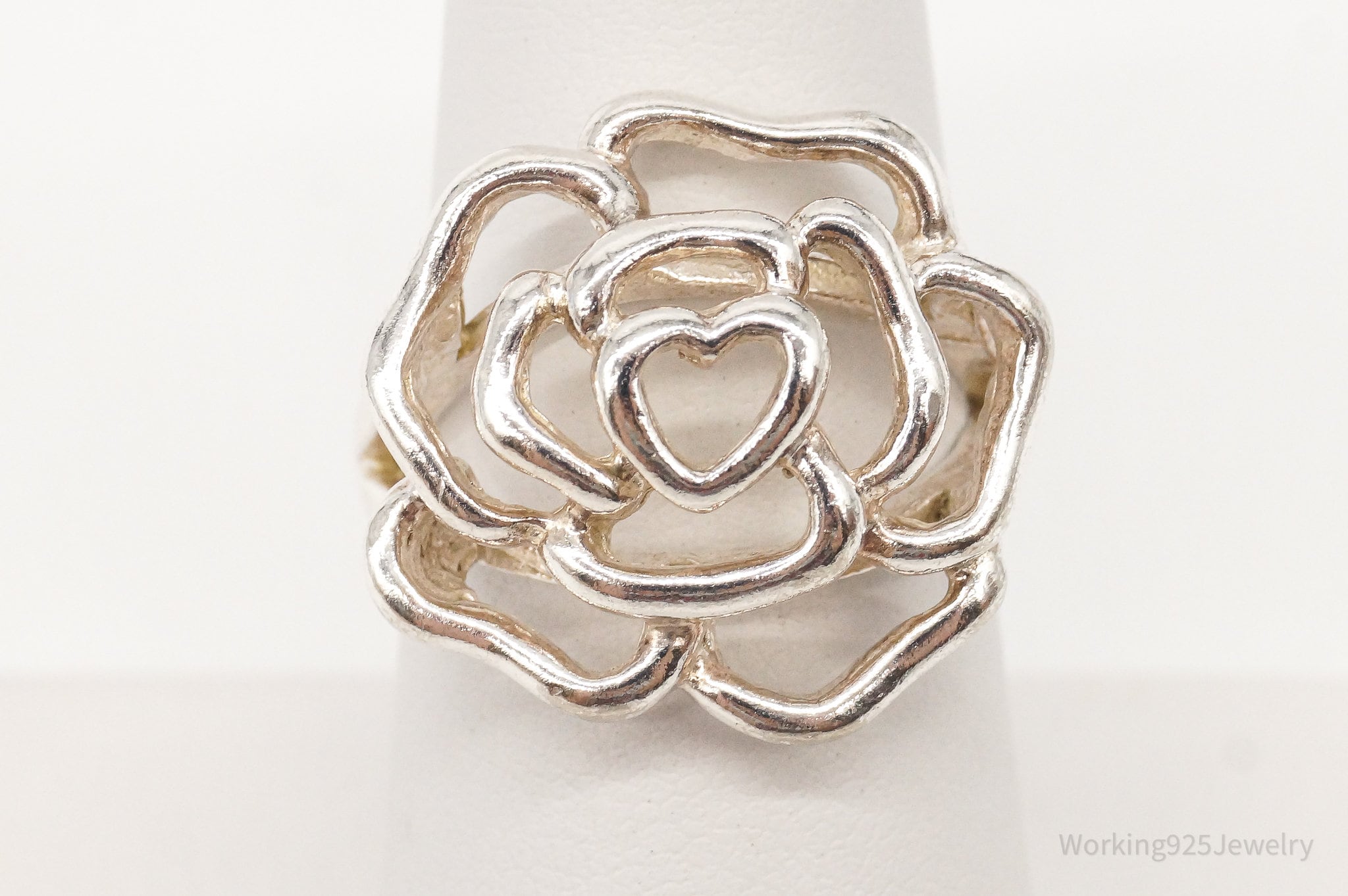 Vintage Rose Flower Cut Out Sterling Silver Ring - Size 7