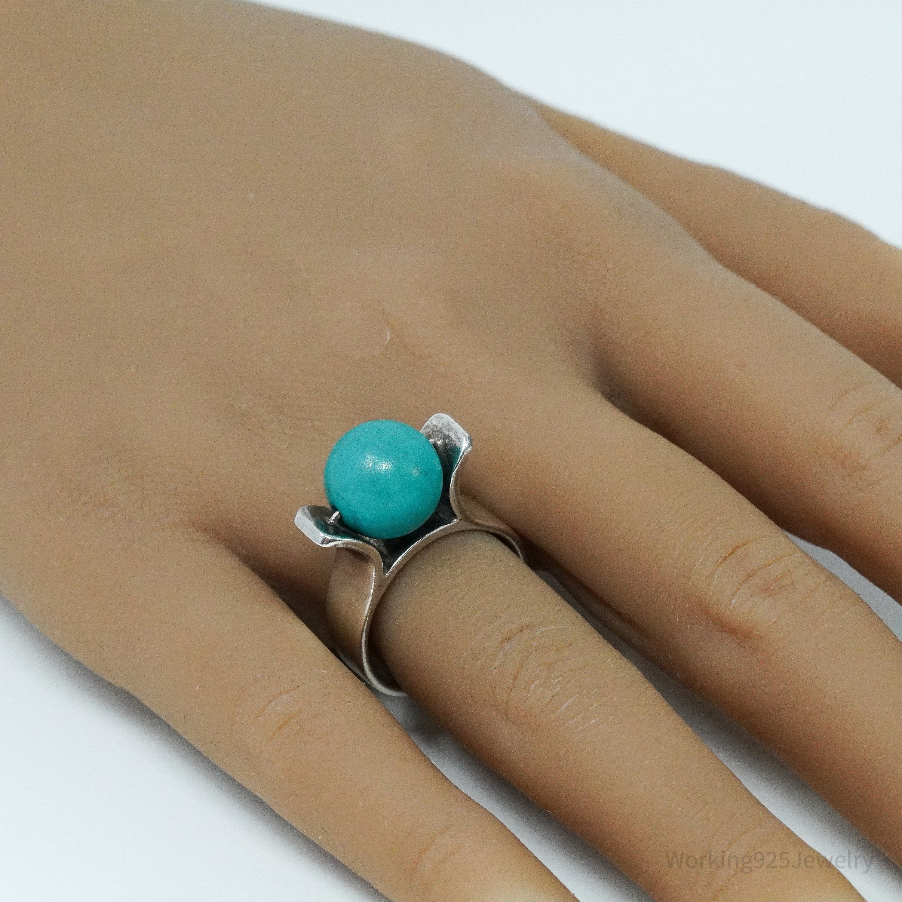 Vintage Spinning Turquoise Ball Modernist Sterling Silver Ring - Size 8