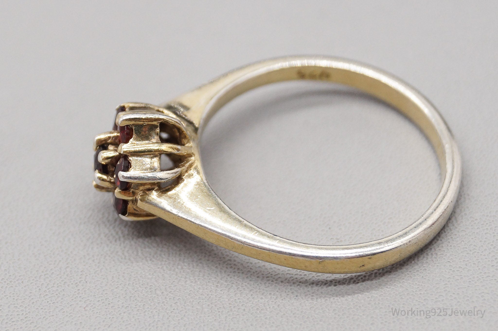 Vintage Bohemian Garnet Flower Gold Wash Sterling Silver Ring - Size 6.75