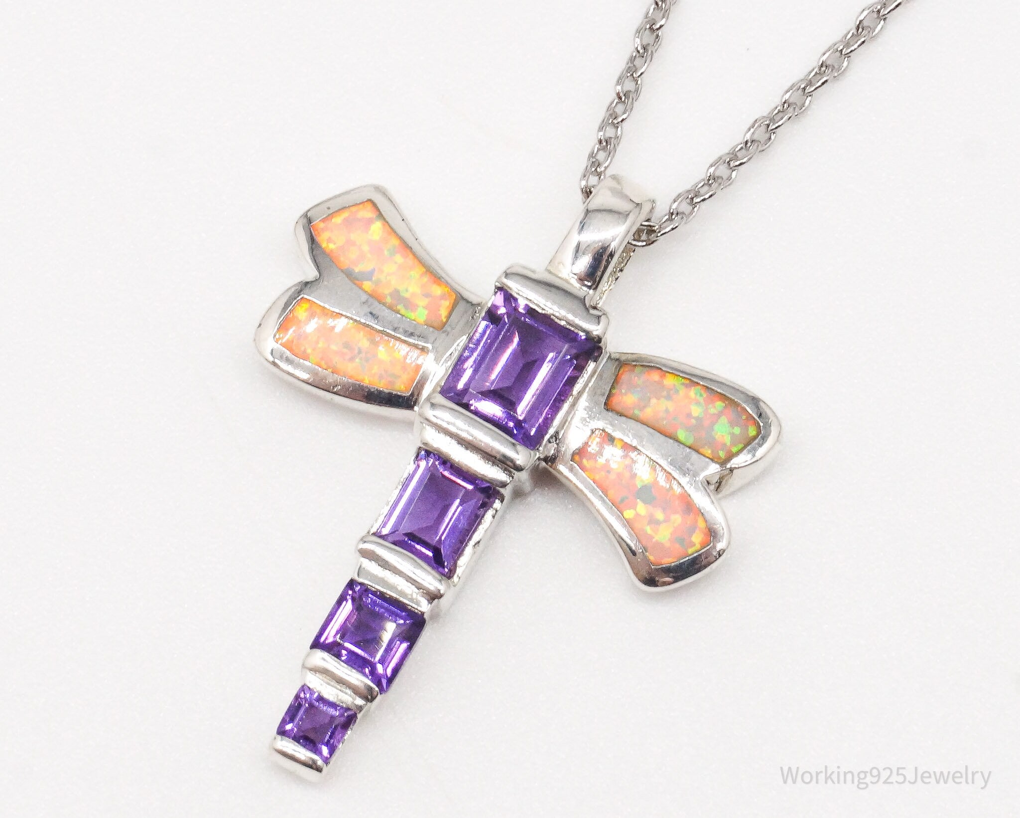 Vintage Opal Amethyst Dragonfly Sterling Silver Necklace 18"