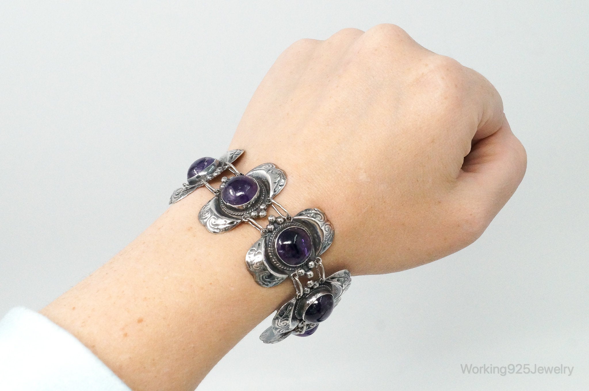 Vintage Mexico AJM Amethyst Modernist Sterling Silver Bracelet