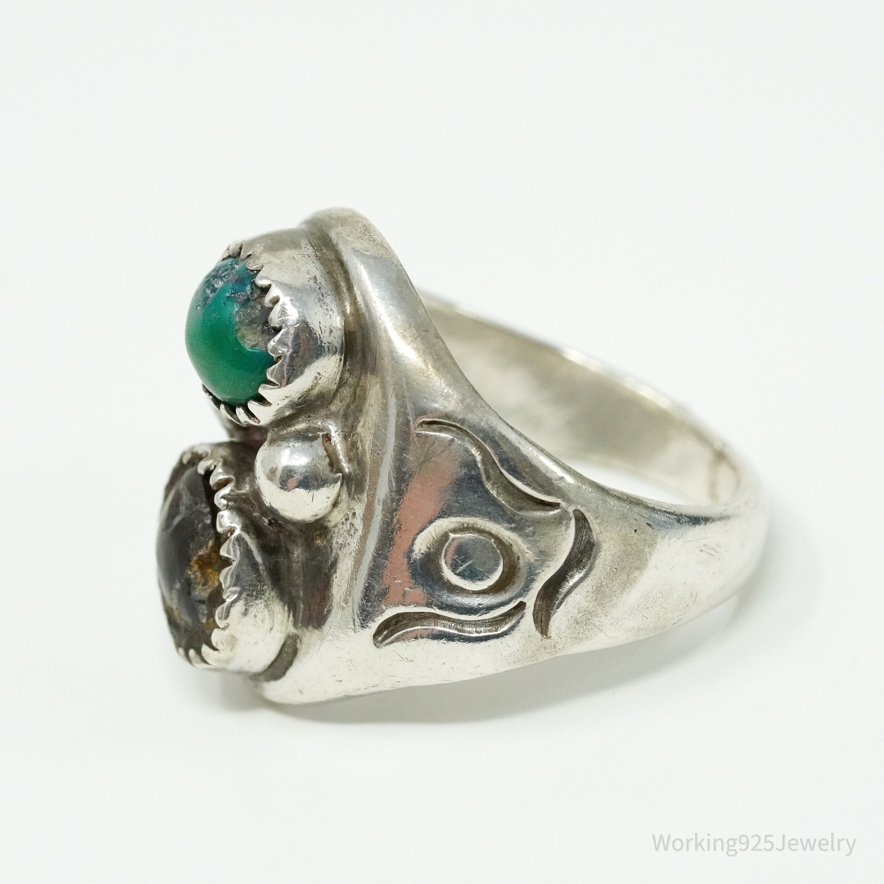 Vintage Native American Opal & Turquoise Handmade Silver Ring - Size 9